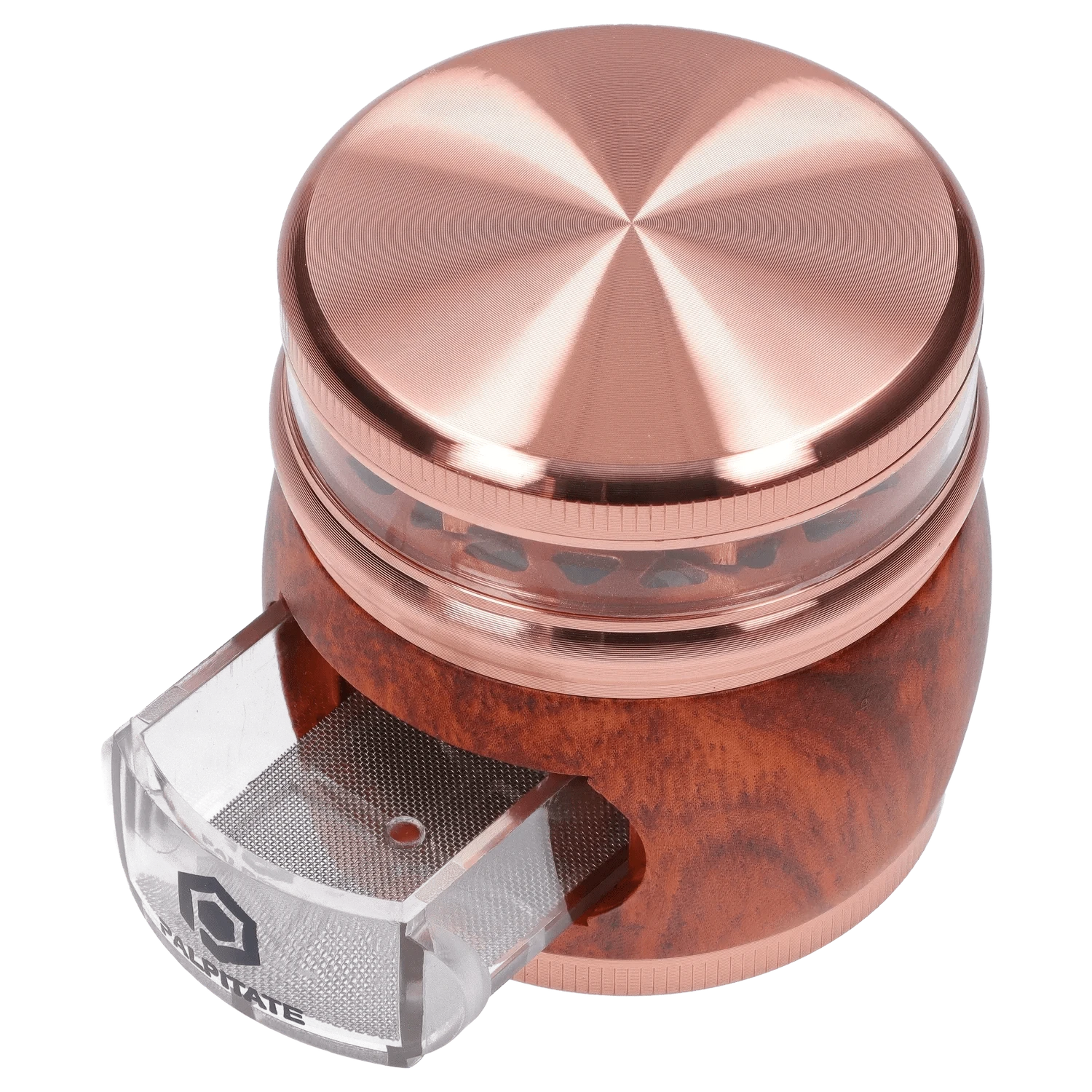 Close-up top-down view of the copper-toned DHC Glossy 3-Stage Grinder - 62mm showing its brushed metal lid, clear middle chamber, and attached clear kief catcher.