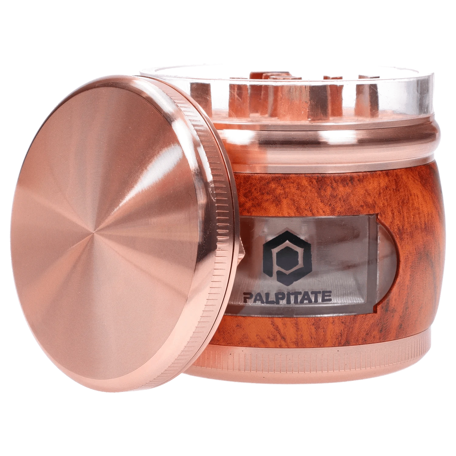 Close-up three-quarter view of the copper-toned DHC Glossy 3-Stage Grinder - 62mm with its lid tilted forward and a wood-textured body showing a clear window.