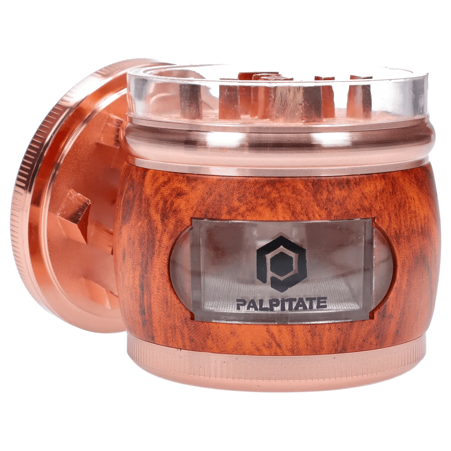 Close-up front view of the DHC Glossy 3-Stage Grinder - 62mm showing its rose-gold top, wood-grain body and clear lid with internal teeth.