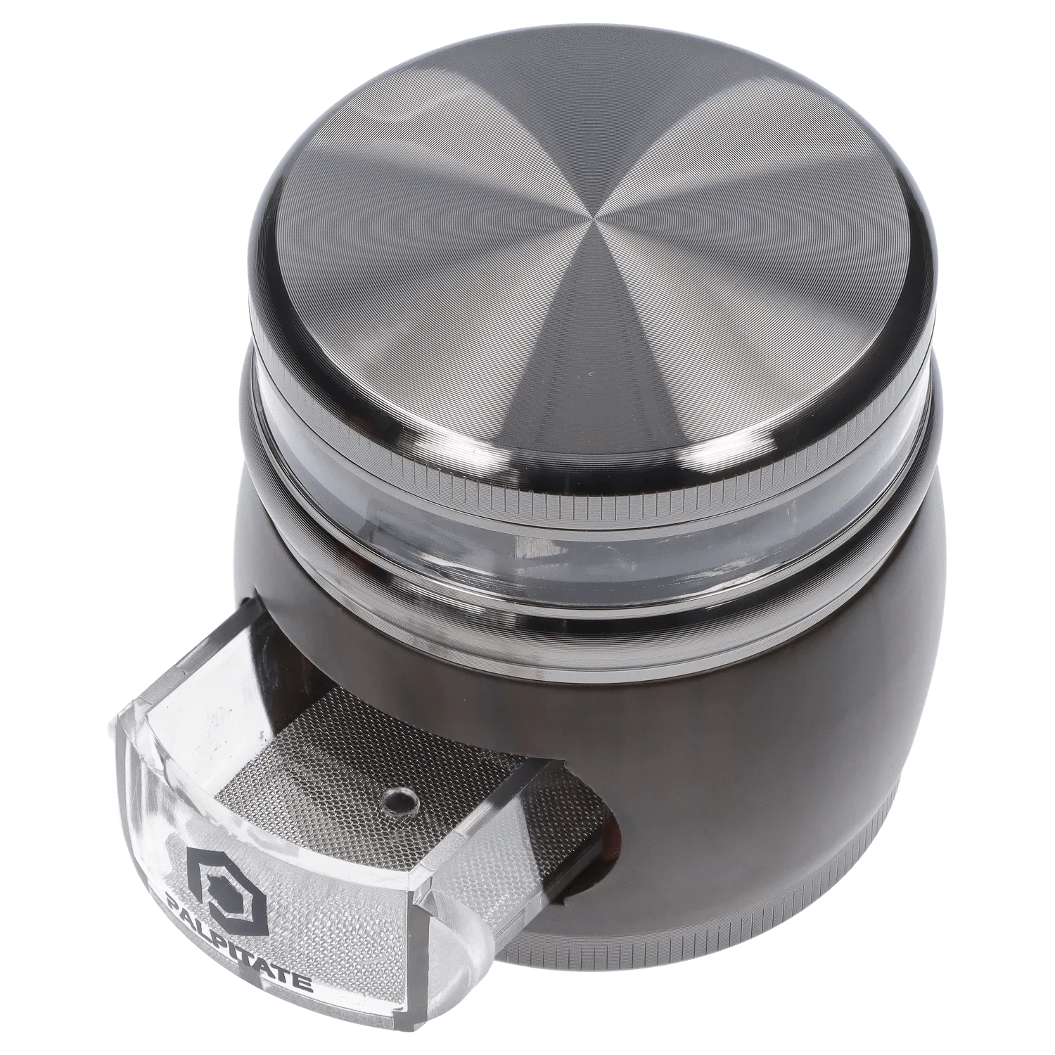 Close-up top-down view of the metallic, circular DHC Glossy 3-Stage Grinder - 62mm showing concentric brushed rings, a clear middle chamber, and a small transparent catch tray.