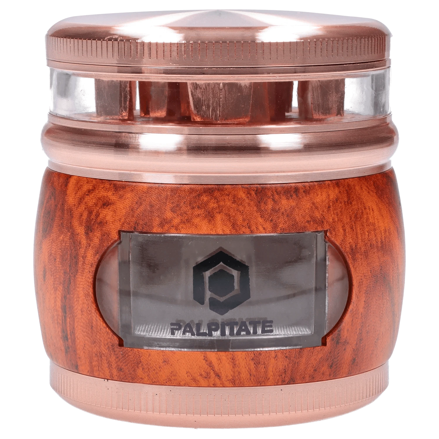 Close-up front view of the DHC Glossy 3-Stage Grinder - 62mm showing its rose-gold top, clear middle window, and woodgrain body.
