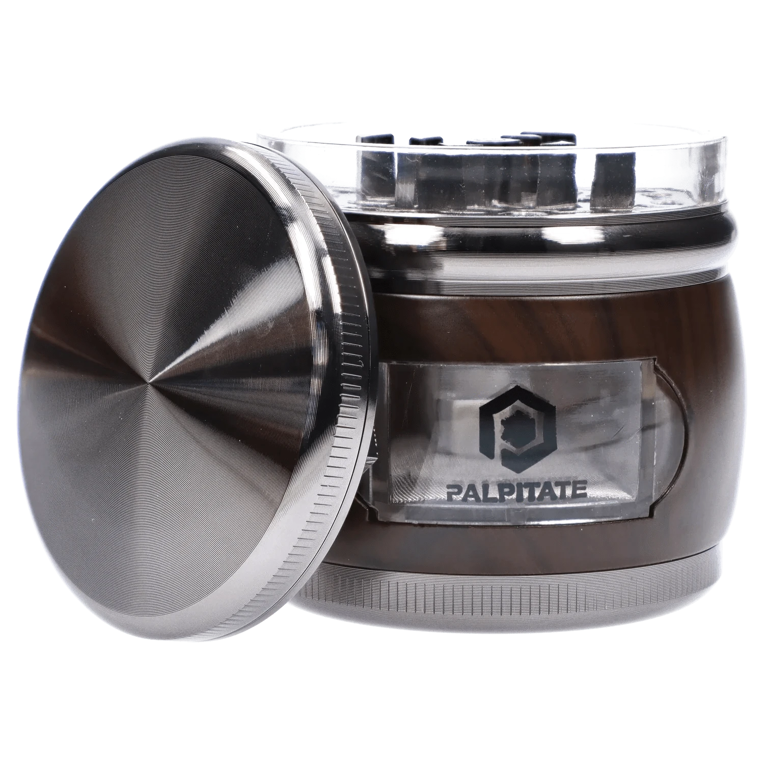 Close-up three-quarter view of the DHC Glossy 3-Stage Grinder - 62mm in copper showing a brushed metal lid tilted forward, clear top teeth, and a wooden-textured body with a Palpitate logo window.