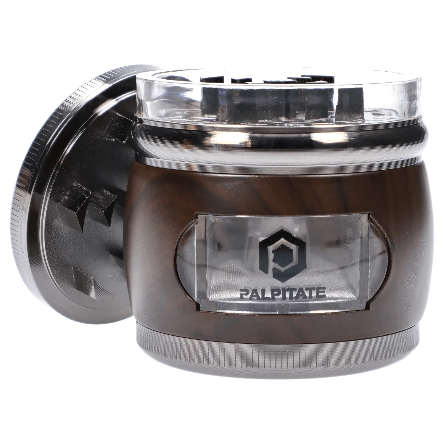Close-up front view of the DHC Glossy 3-Stage Grinder - 62mm showing a glossy gunmetal top, clear plastic teeth, and a brown textured body.