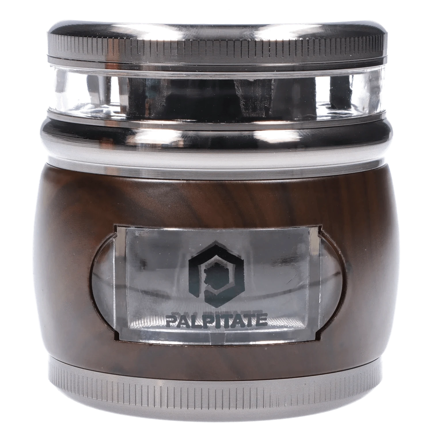 Close-up front view of the DHC Glossy 3-Stage Grinder - 62mm showing its clear middle chamber and glossy dark brown base with a small transparent window.