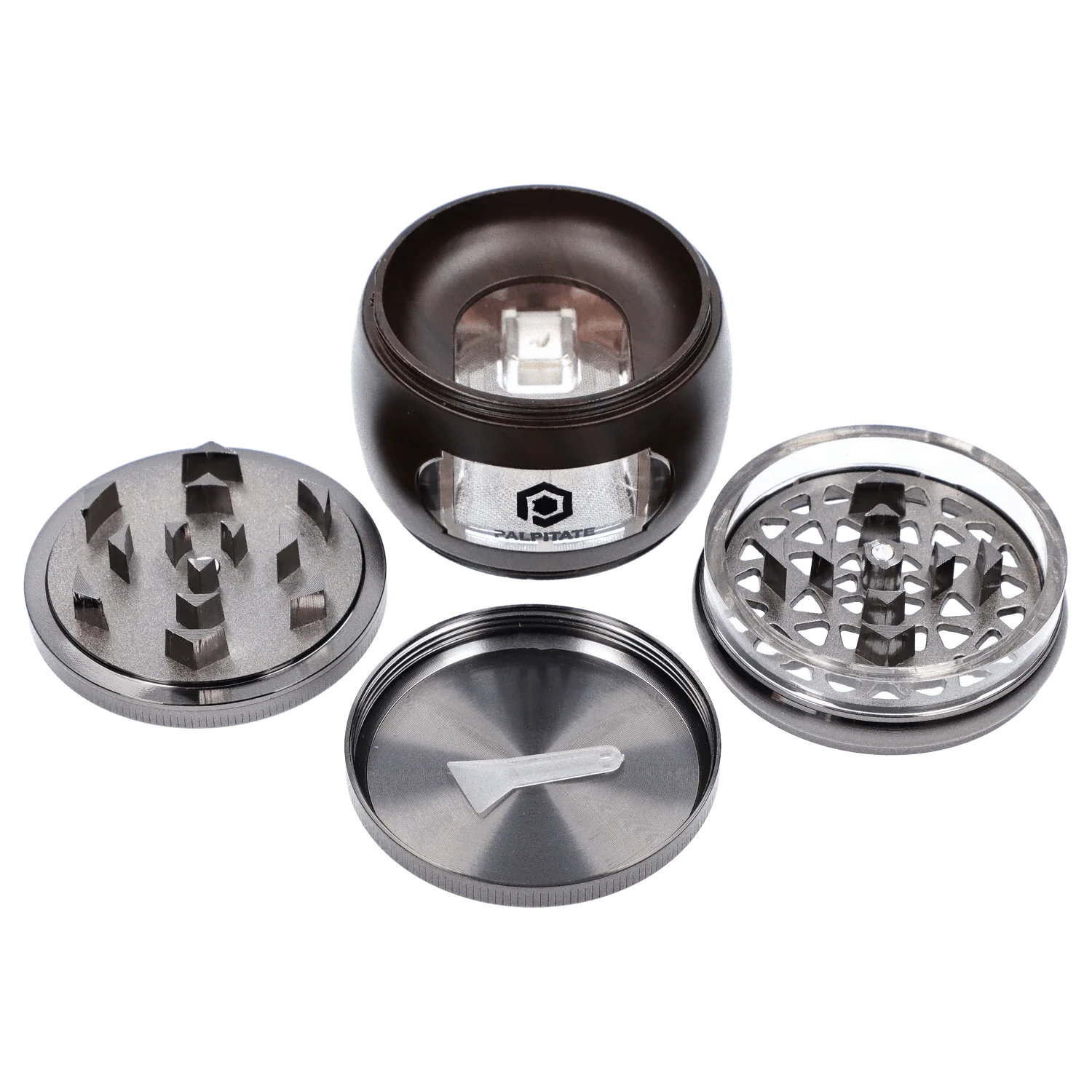Top-down view of the disassembled DHC Glossy 3-Stage Grinder - 62mm showing four metal sections and a small scraper on a white background.