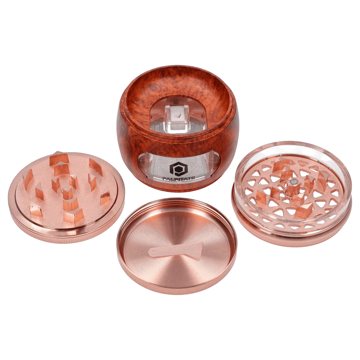 Top-down view of the disassembled DHC Glossy 3-Stage Grinder - 62mm showing four rose-gold metal pieces and a wood-textured central chamber with a visible mesh screen.