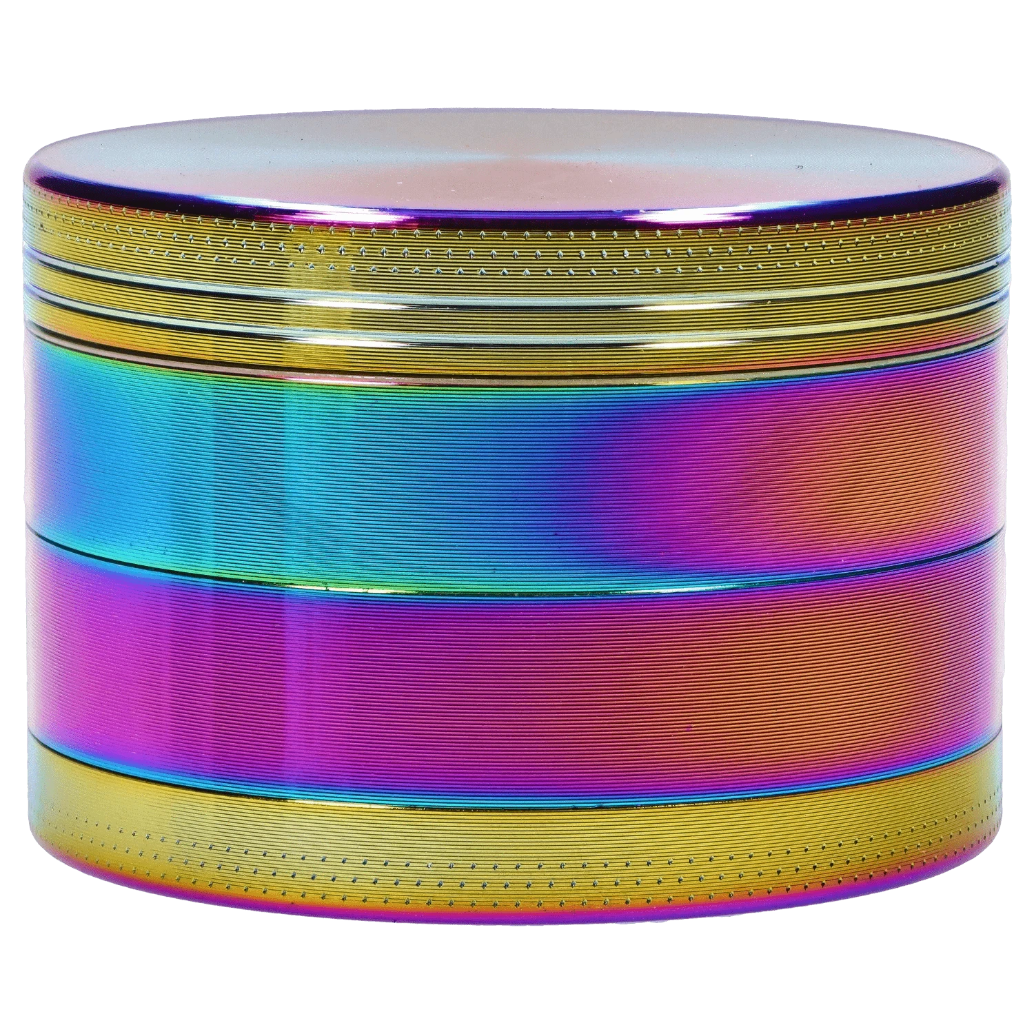 Close-up, slightly elevated view of the DHC Grooved 3-Stage Grinder - 52mm showing its metallic rainbow finish and finely grooved, stacked cylinder sections.
