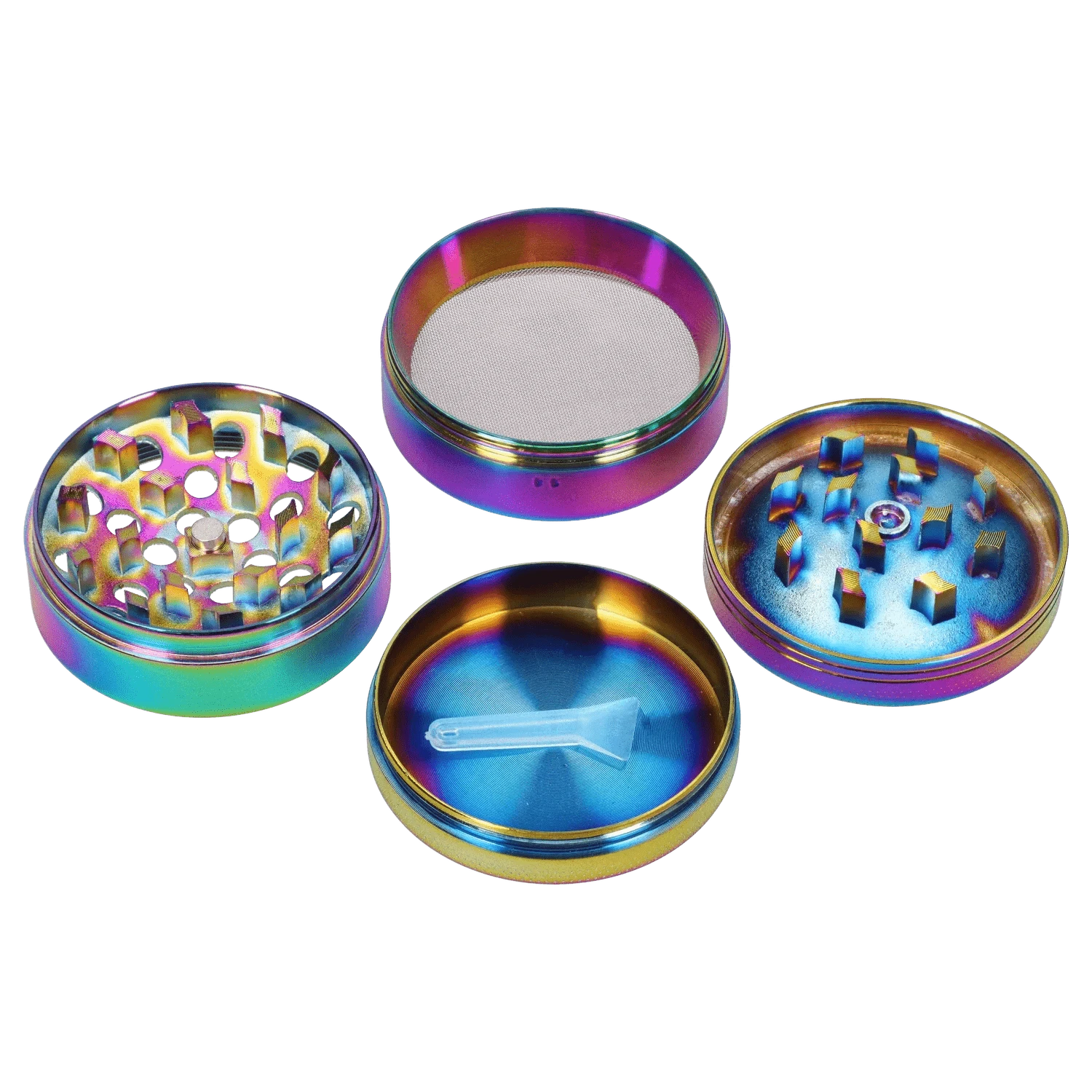 Top-down view of the rainbow-finish DHC Grooved 3-Stage Grinder - 52mm with its four disassembled circular sections and small plastic scraper arranged on a white background