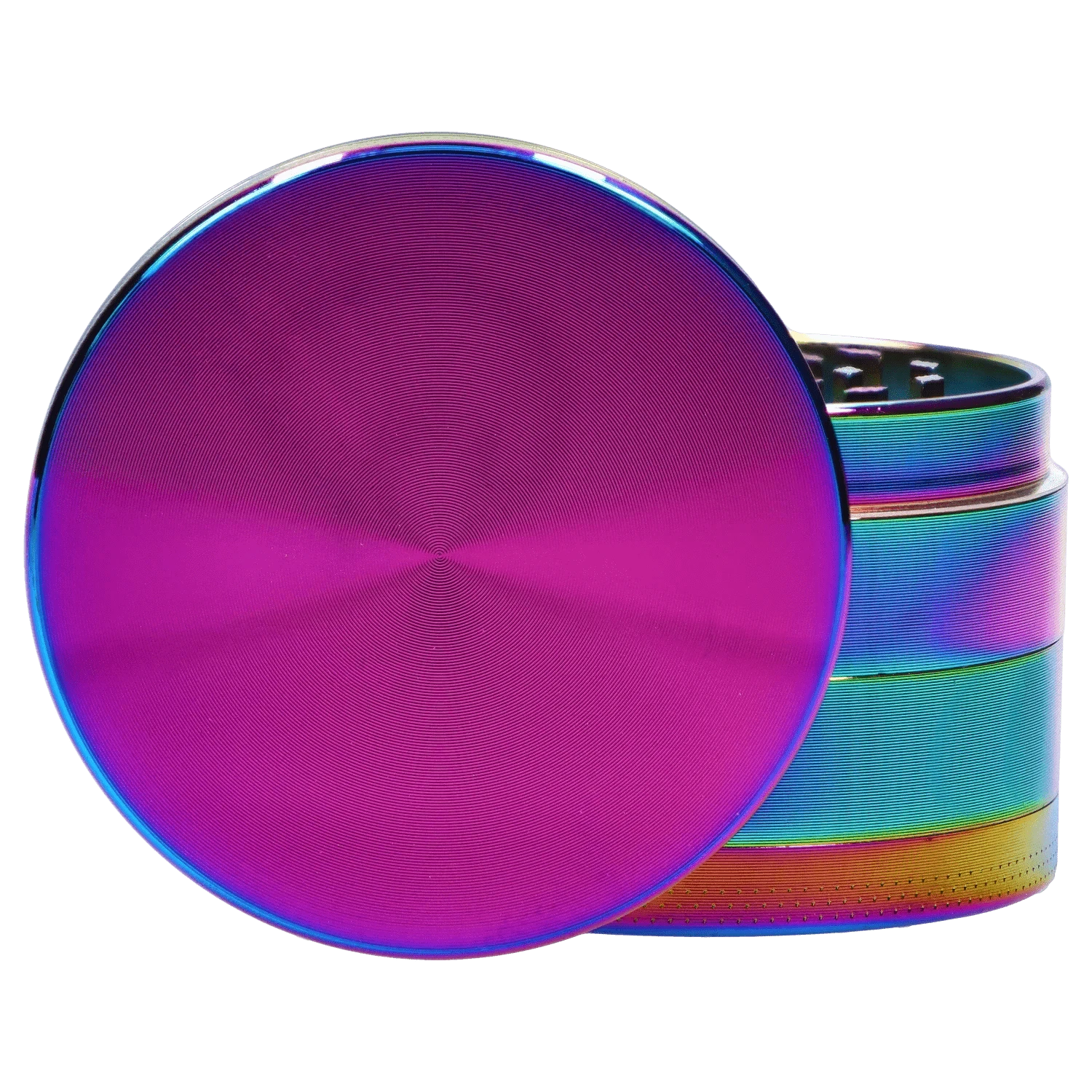 Close-up angled view of the iridescent DHC Grooved 3-Stage Grinder - 52mm showing a magenta concentric-top and stacked rainbow-hued grooved sides.