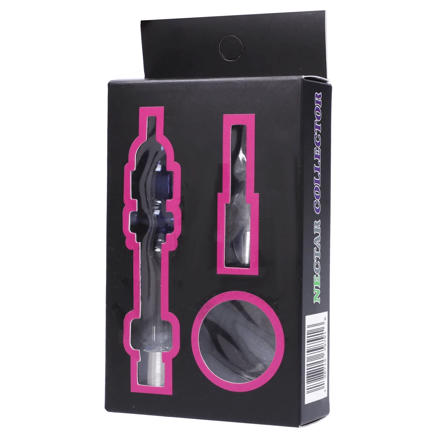 Angled front view of the DHC Mini Mosque Nectar Collector - 10mm in its black box with pink window cutouts revealing the glass pieces.