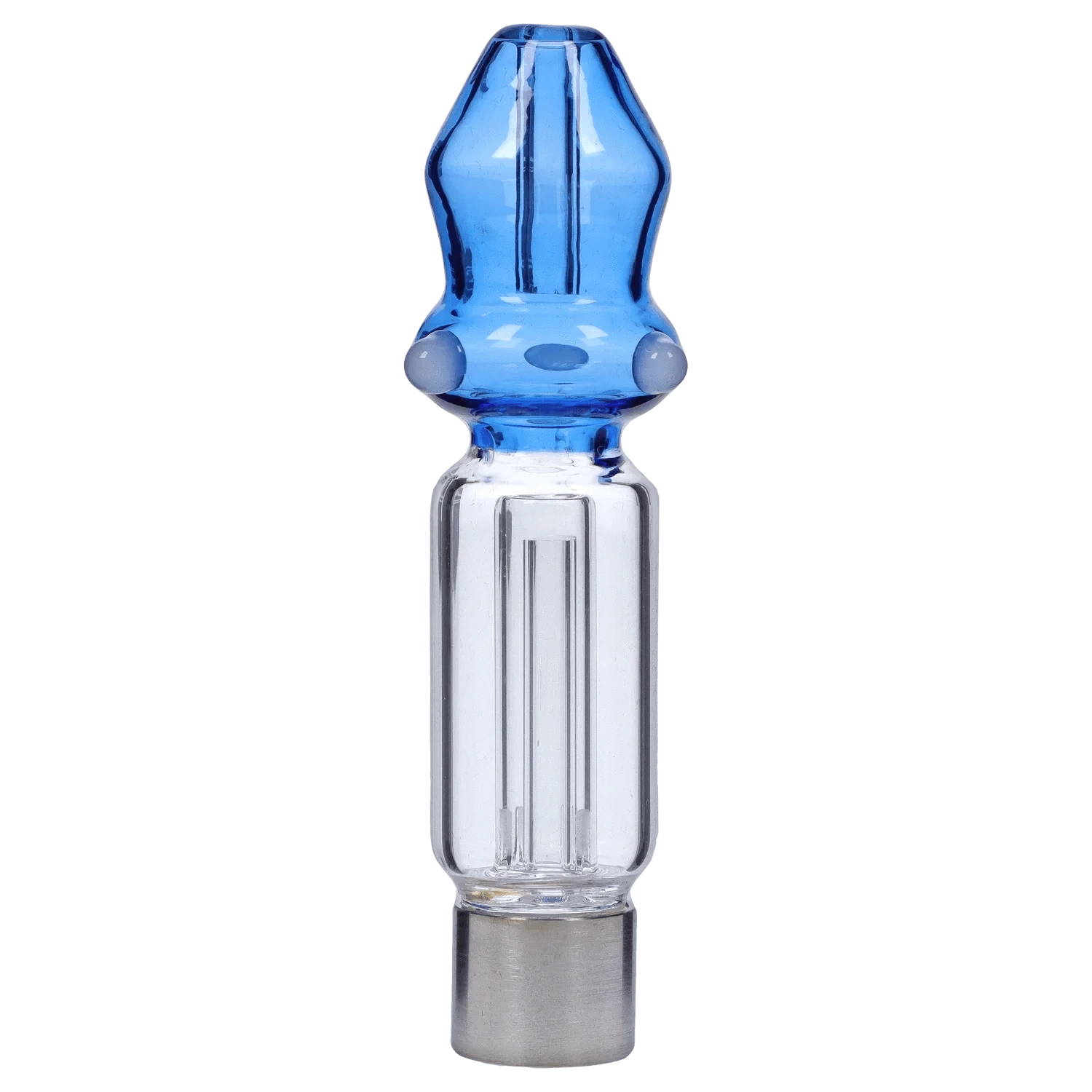 Close-up front view of the DHC Mini Mosque Nectar Collector - 10mm showing its blue bulbous glass tip with two small side knobs and a clear ribbed body.