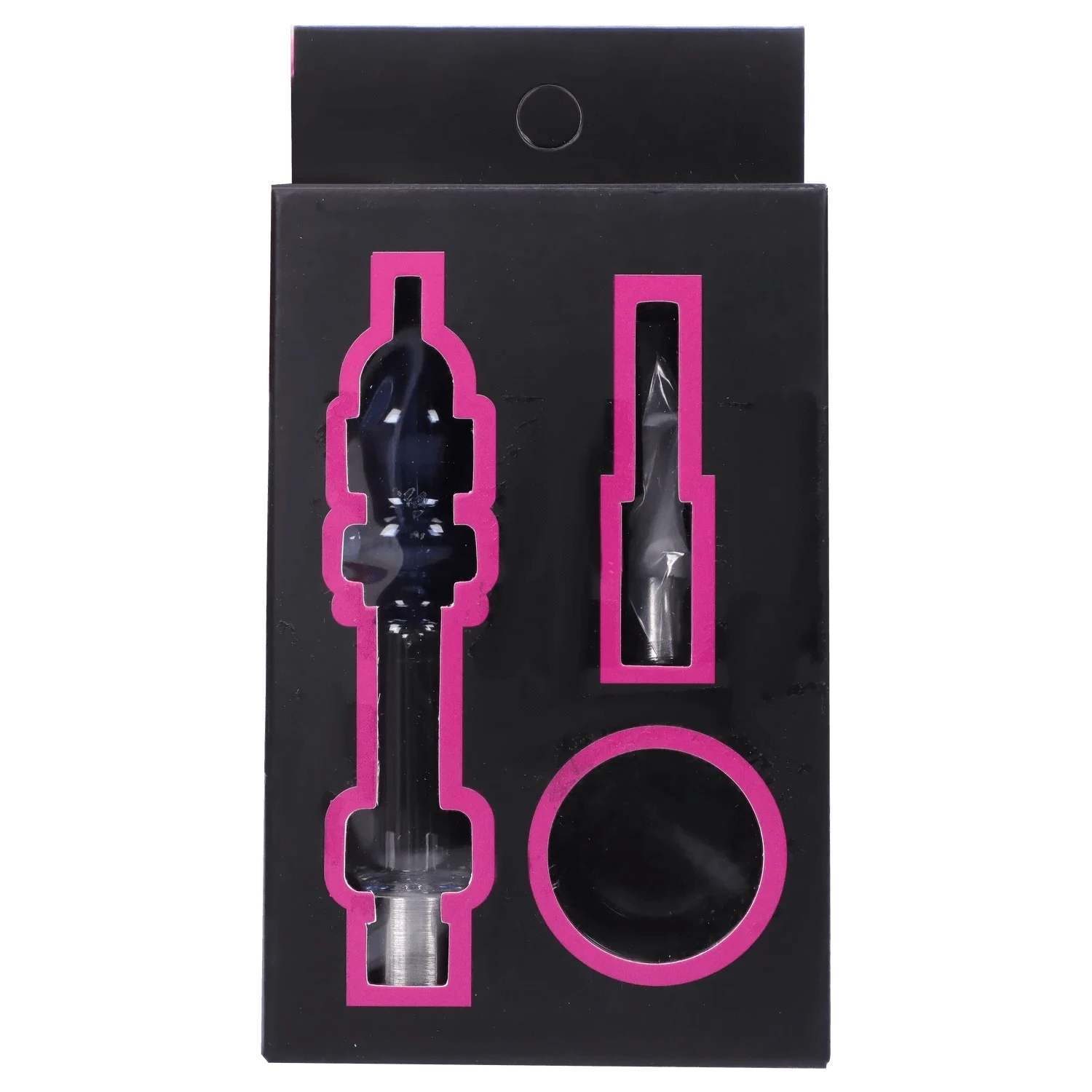 Top portion of the DHC Mini Mosque Nectar Collector - 10mm packaging showing the black box with pink cutouts revealing the glass nectar collector pieces inside.