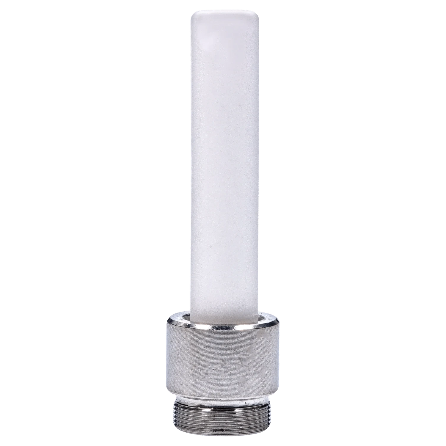 Close-up front view of the DHC Mini Mosque Nectar Collector - 10mm showing its frosted glass tip rising from a metallic threaded base.