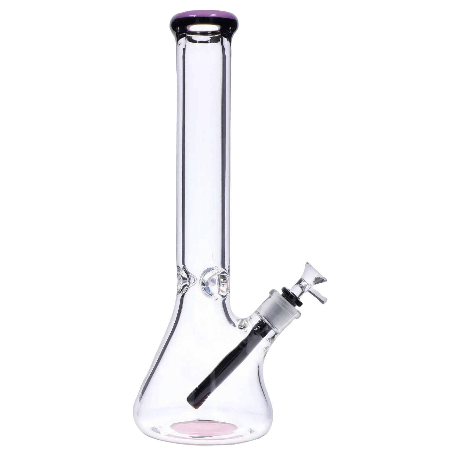 Front-facing view of the DHC 9mm Beaker w/ Color Ring Bong - 16 in. showing clear glass, a purple-rimmed mouthpiece, and the angled downstem and bowl.