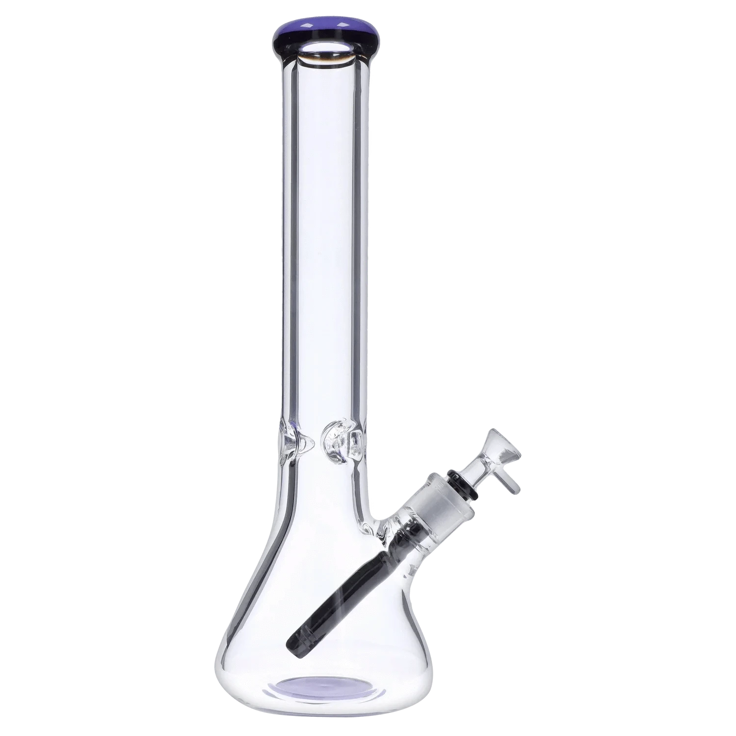 Straight-on view of the DHC 9mm Beaker w/ Color Ring Bong - 16 in., showing its clear glass beaker body, angled downstem and purple-tinted mouthpiece ring.