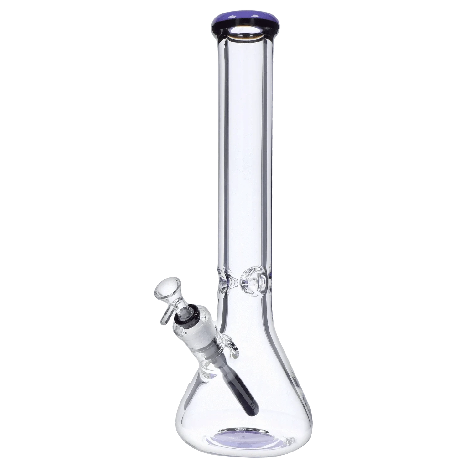 Angled front view of the DHC 9mm Beaker w/ Color Ring Bong - 16 in. showing clear glass, a purple-rimmed mouthpiece, and the downstem and bowl.