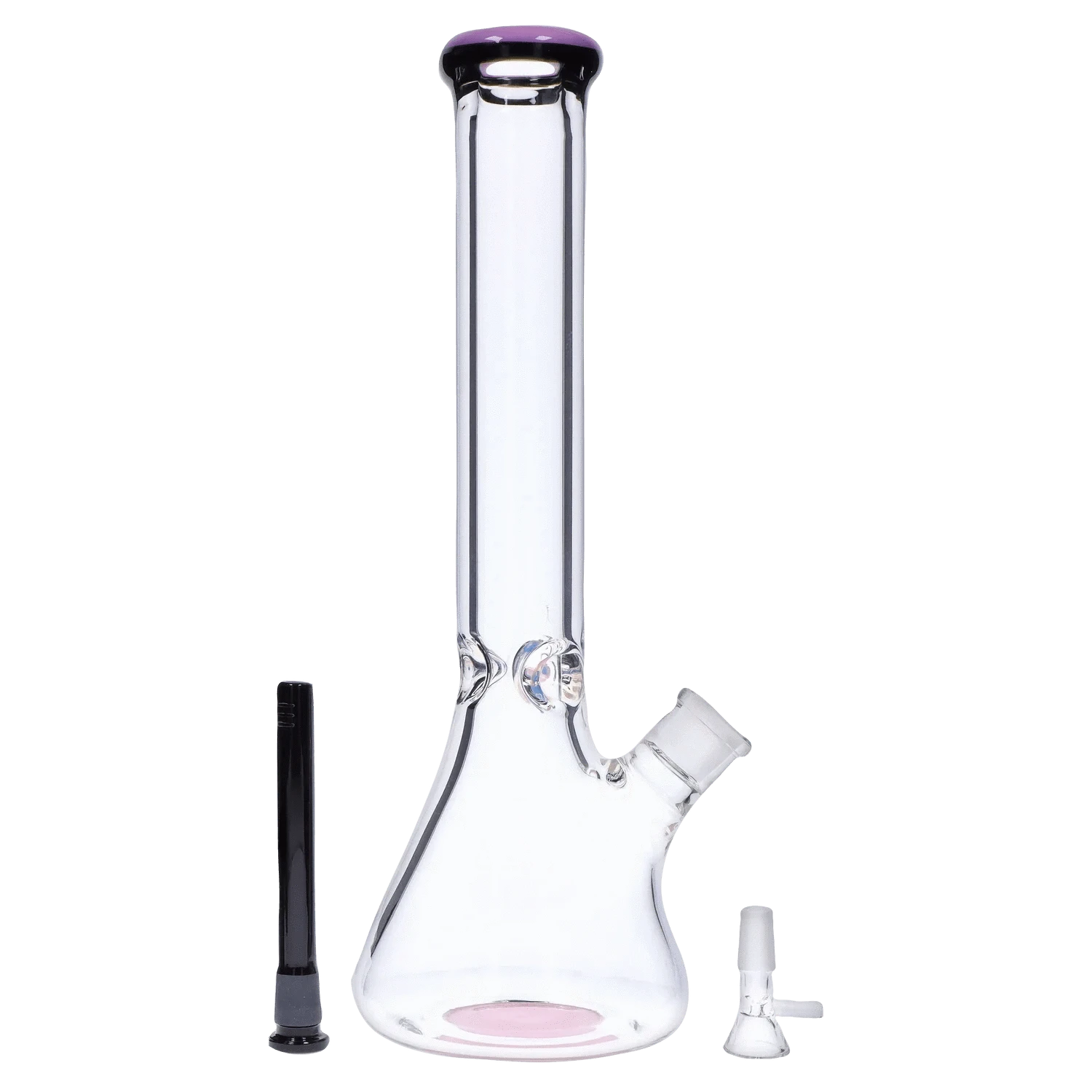 Front view of the DHC 9mm Beaker w/ Color Ring Bong - 16 in. showing a clear glass beaker body, straight tube, purple color ring mouthpiece, and two accessories.