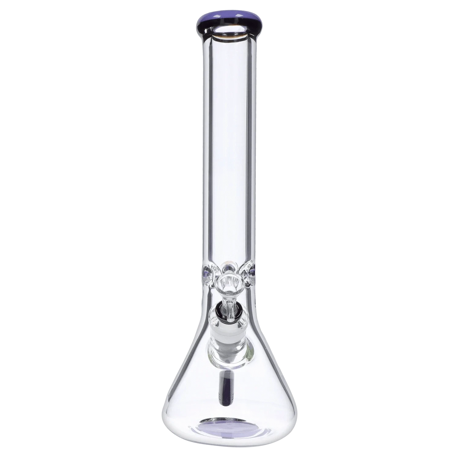 Front view of the DHC 9mm Beaker w/ Color Ring Bong - 16 in., showing its clear glass neck and purple-rimmed mouthpiece against a plain background