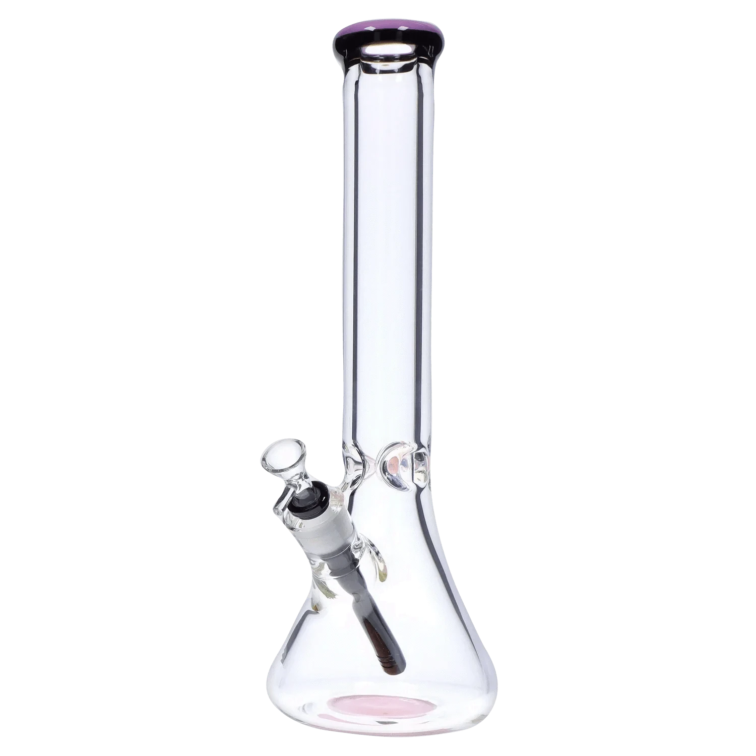 Straight-on view of the DHC 9mm Beaker w/ Color Ring Bong - 16 in. showing its clear glass beaker base, angled downstem, and pale pink color ring at the mouthpiece.