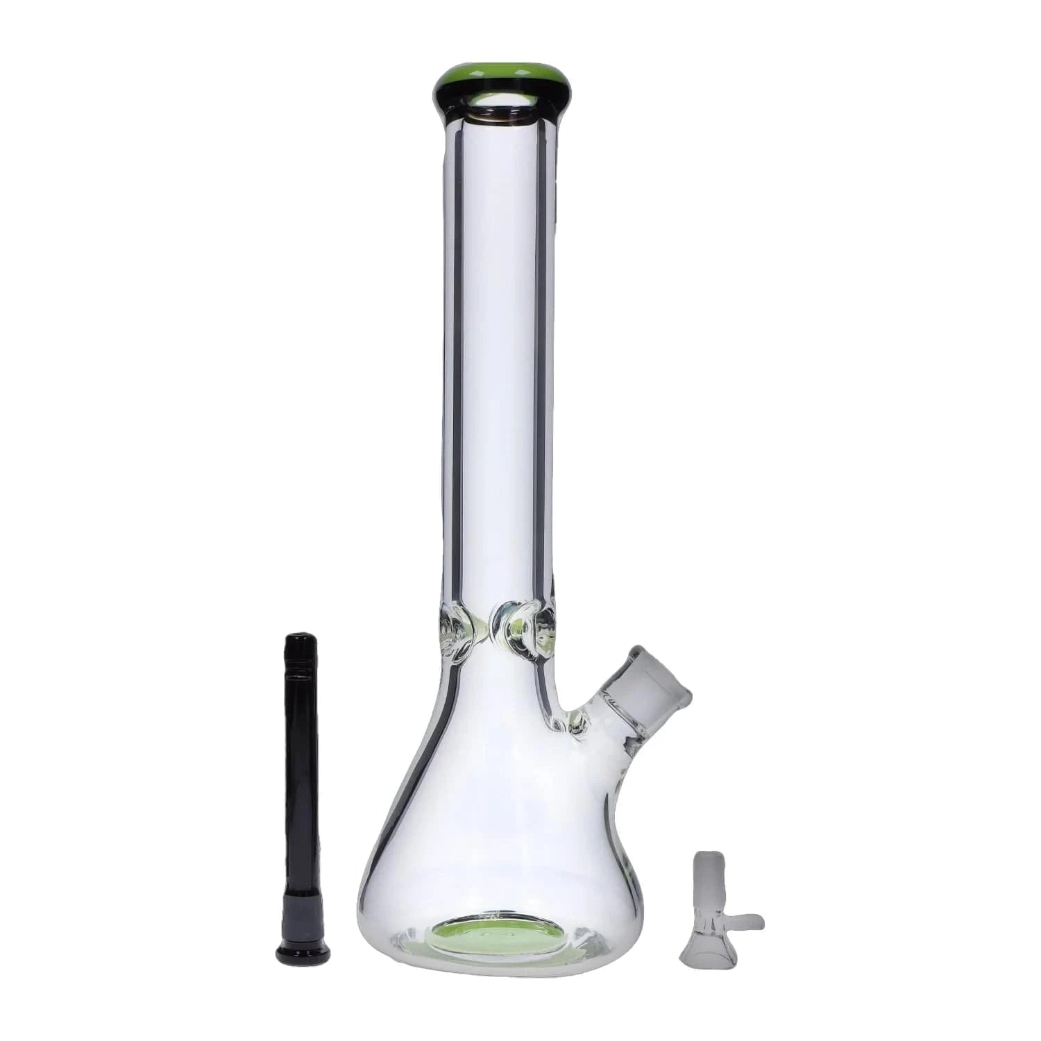 Center-frontal shot of the DHC 9mm Beaker w/ Color Ring Bong - 16 in., clear glass with a green-rimmed mouthpiece and matching green base accent on a white background