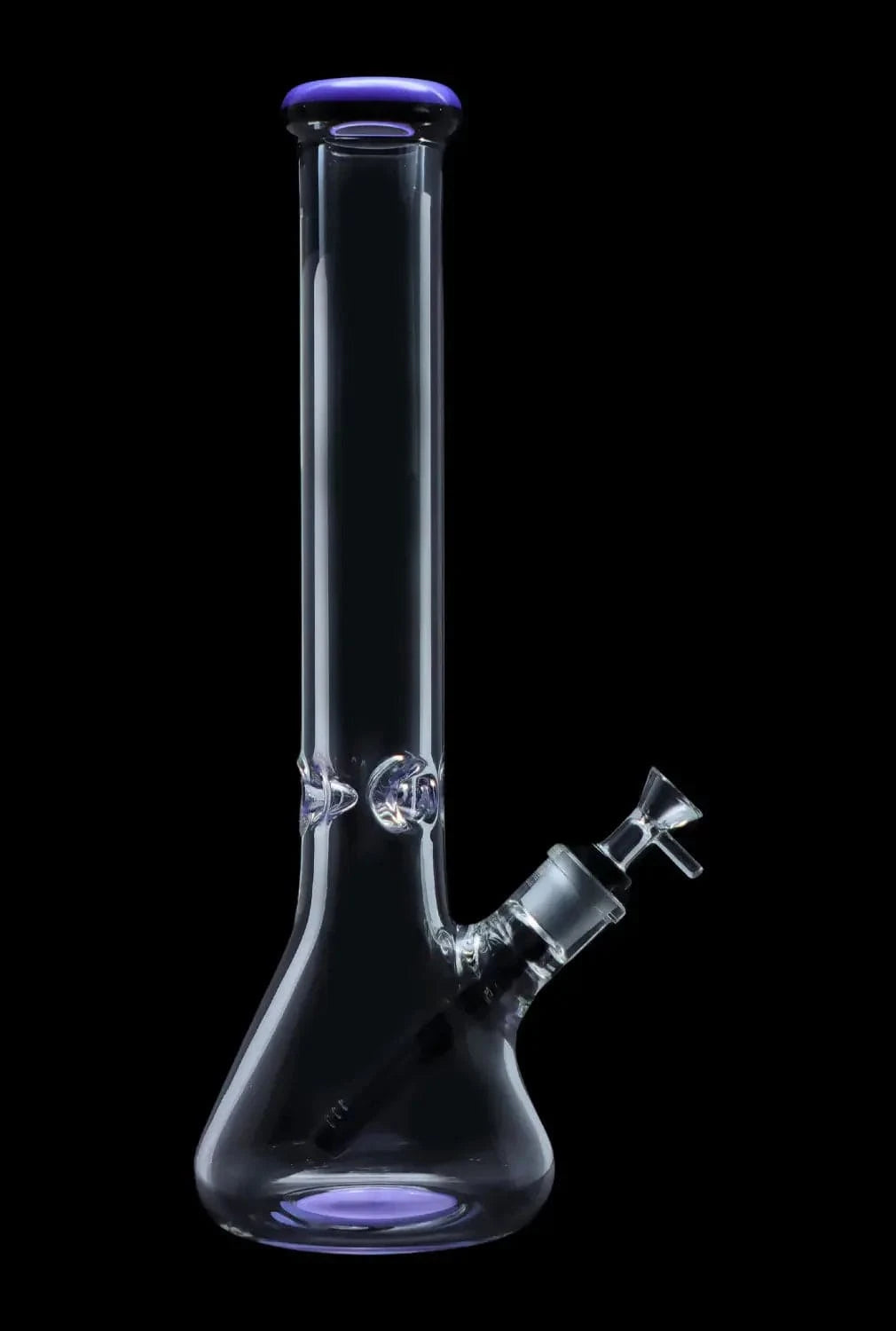 Front view of the DHC 9mm Beaker w/ Color Ring Bong - 16 in., a clear glass beaker with a purple color ring on the mouthpiece and purple base accent against a black background