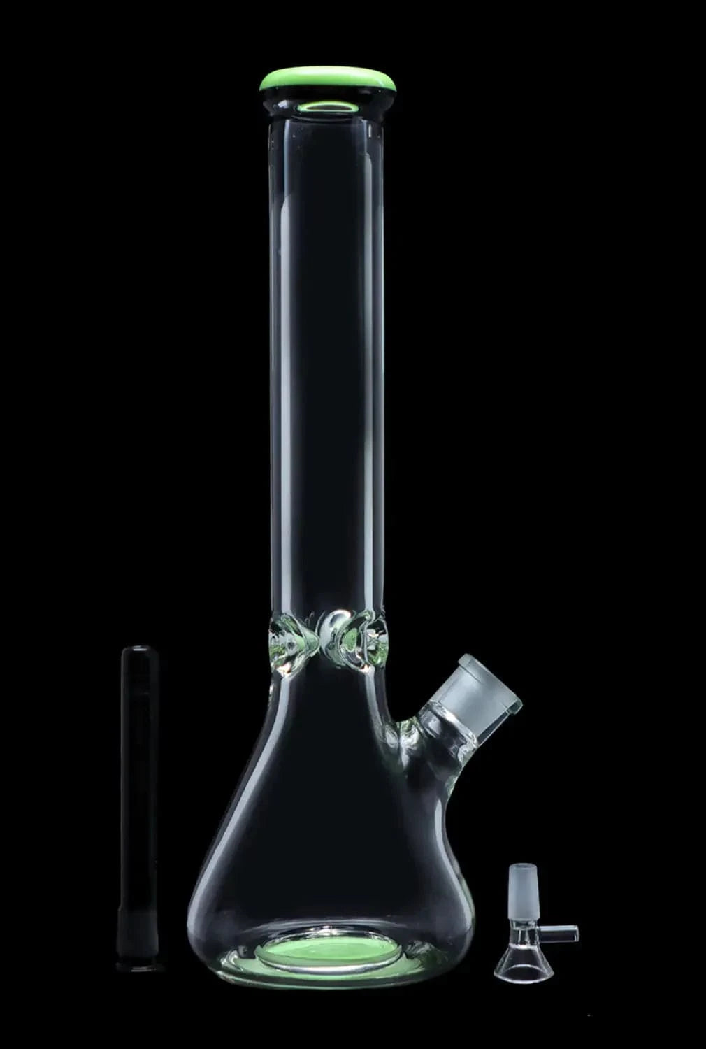 Front view of the DHC 9mm Beaker w/ Color Ring Bong - 16 in. showing a clear glass beaker body with a green color ring at the mouthpiece and base against a black background