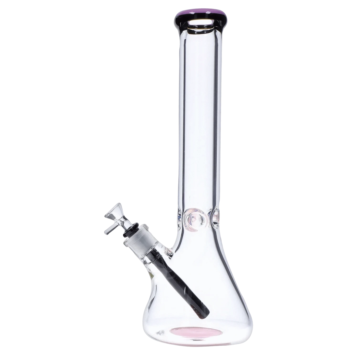 Tall frontal view of the DHC 9mm Beaker w/ Color Ring Bong - 16 in. showing clear glass, a purple-rimmed mouthpiece, and angled downstem.