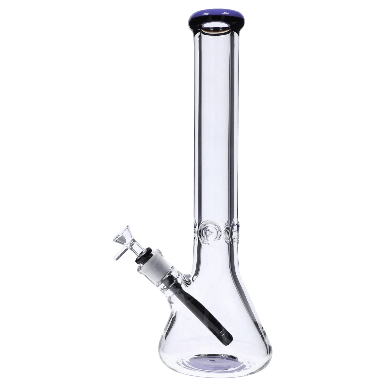 Front view of the DHC 9mm Beaker w/ Color Ring Bong - 16 in., a clear glass beaker with a purple-rimmed mouthpiece and angled downstem against a white background