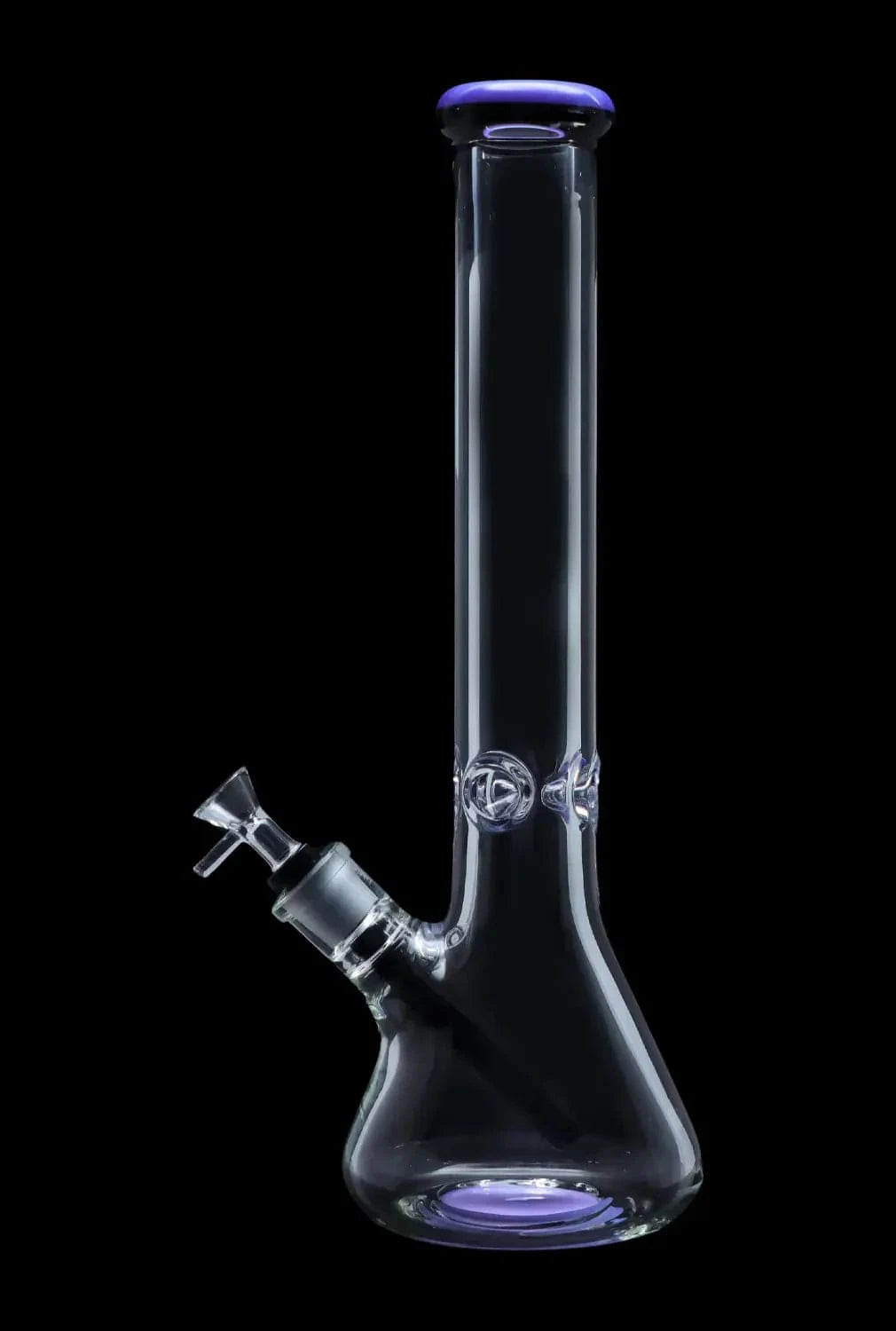 Studio-style front view of the DHC 9mm Beaker w/ Color Ring Bong - 16 in. showing clear glass with a purple color ring at the mouth and base against a black background