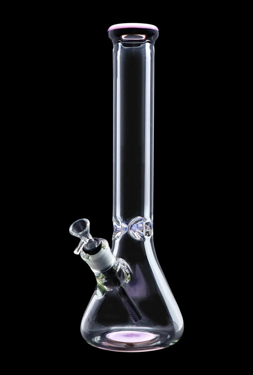 Vertical front view of the DHC 9mm Beaker w/ Color Ring Bong - 16 in., clear glass with a subtle pink color ring on the mouthpiece against a black background