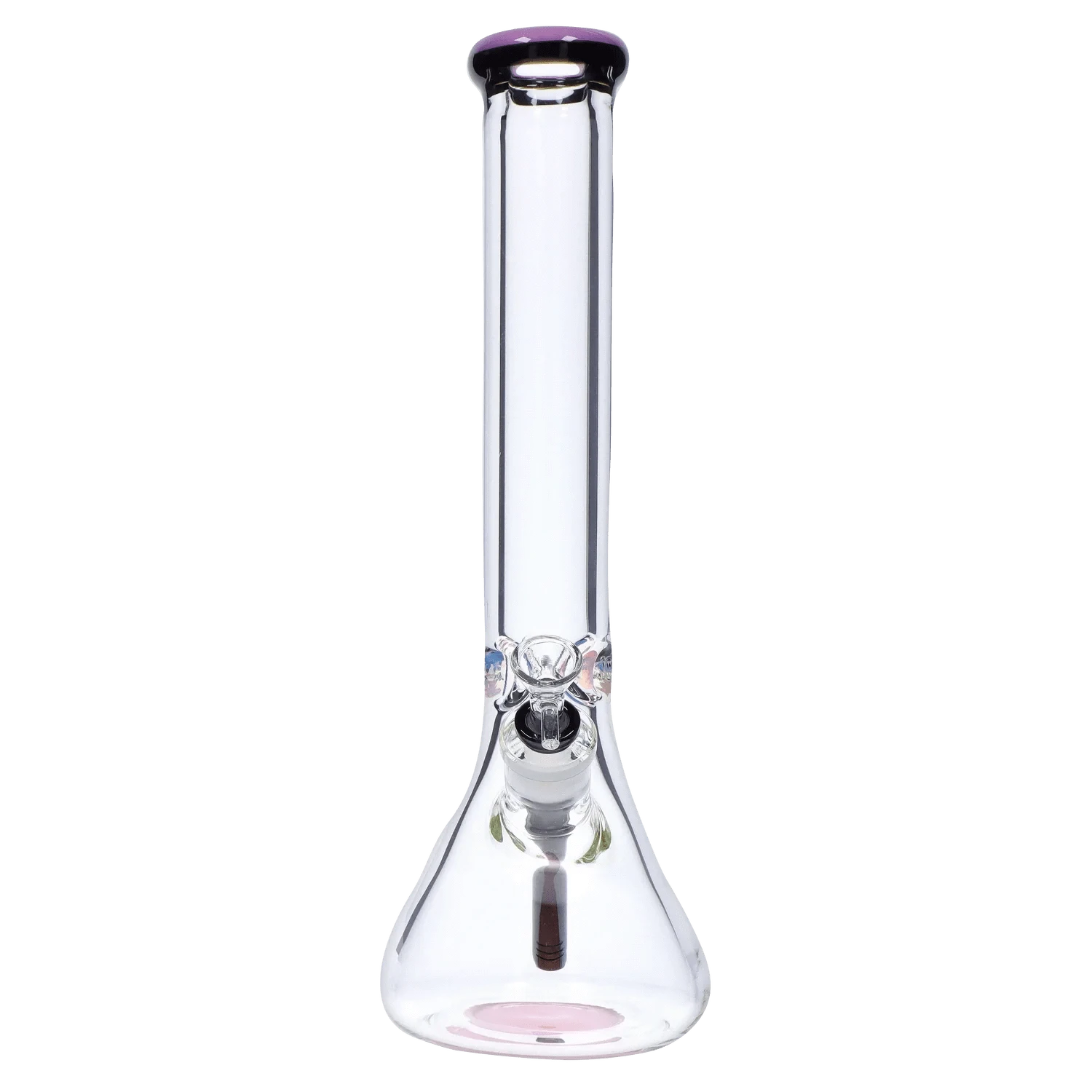 Front-facing view of the DHC 9mm Beaker w/ Color Ring Bong - 16 in. showing its clear glass tube, purple-tinted mouthring, and beaker base.
