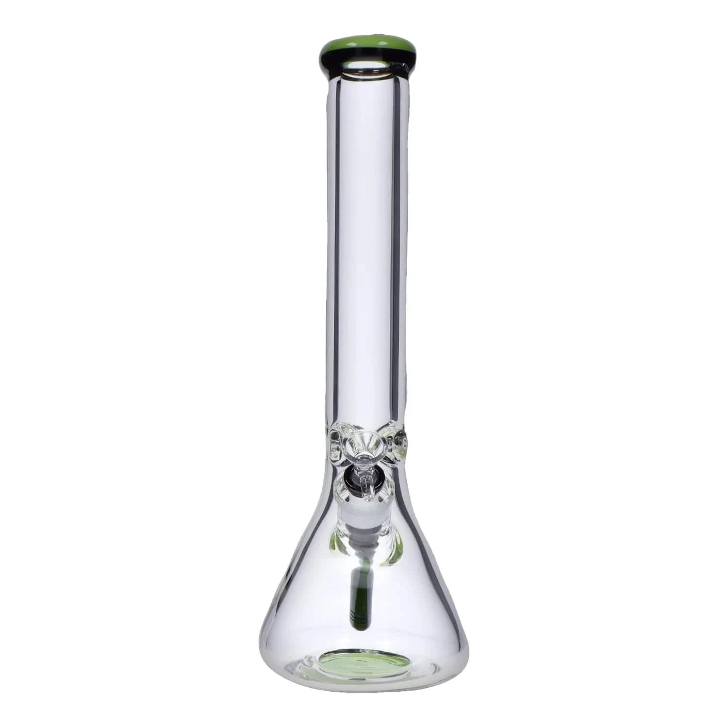 Front view of the DHC 9mm Beaker w/ Color Ring Bong - 16 in. showing its clear glass tube, green-rimmed mouthpiece, and beaker base on a white background