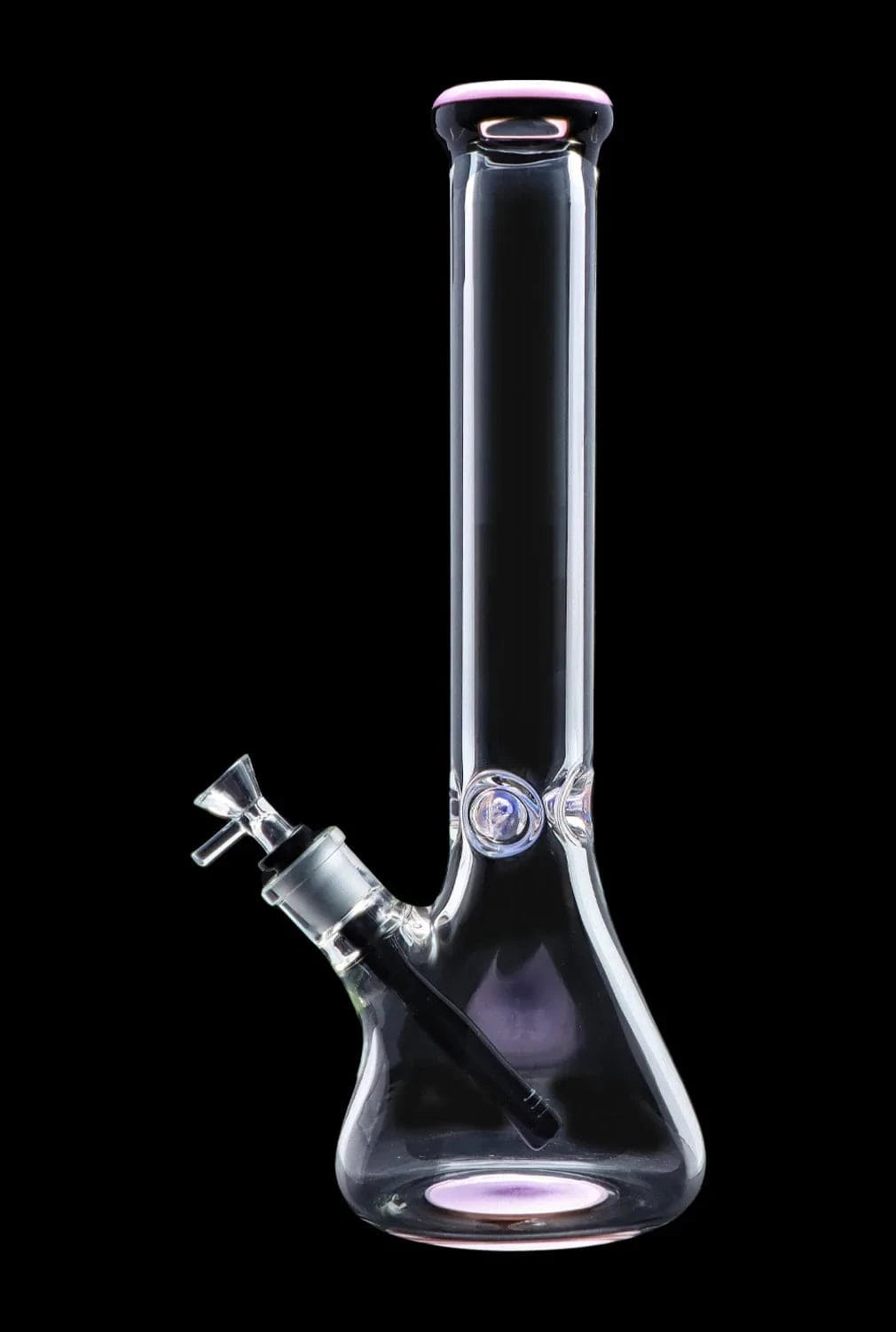 Vertical studio shot of the DHC 9mm Beaker w/ Color Ring Bong - 16 in., clear glass beaker with a pink-rimmed mouthpiece and purple color accents against a black background