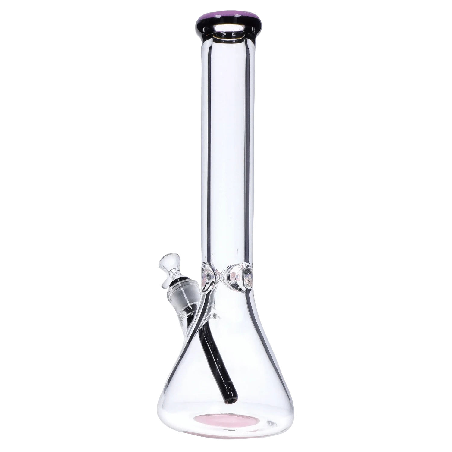 Front-facing view of the DHC 9mm Beaker w/ Color Ring Bong - 16 in., showing a clear glass beaker body, straight neck and a subtle pink color ring at the base.
