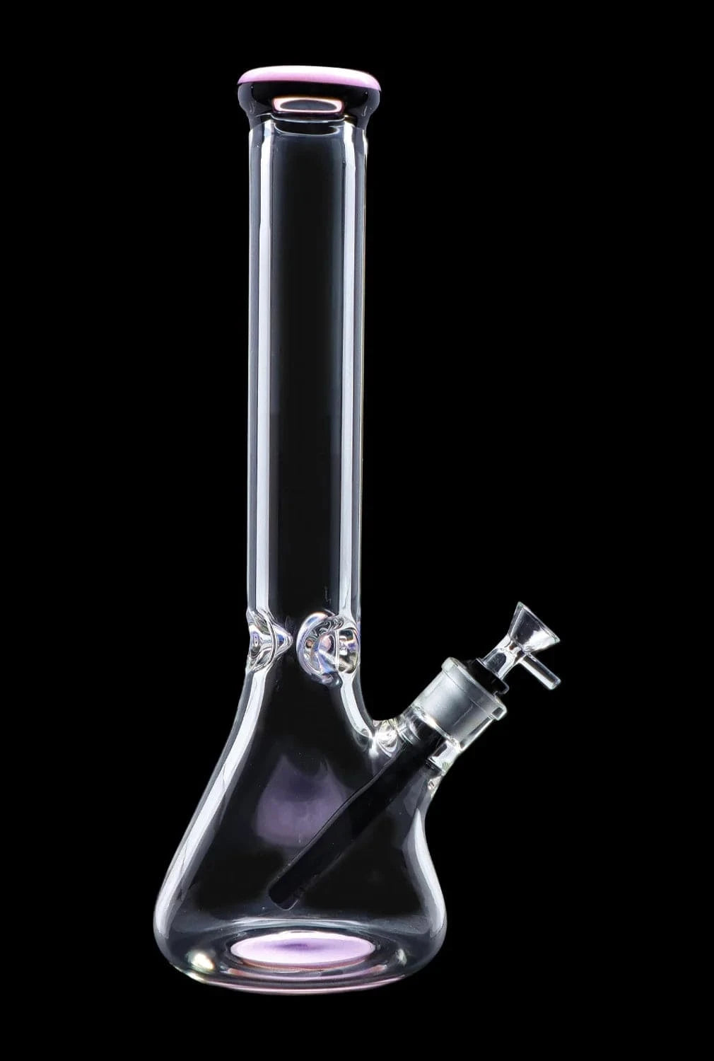 Front view of the DHC 9mm Beaker w/ Color Ring Bong - 16 in. showing a clear glass beaker body with a subtle pink color ring at the mouth against a black background