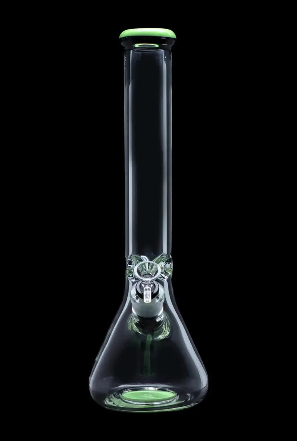 Center-frontal view of the DHC 9mm Beaker w/ Color Ring Bong - 16 in., a clear glass beaker with a green color ring at the mouth and matching green base accent against a black background