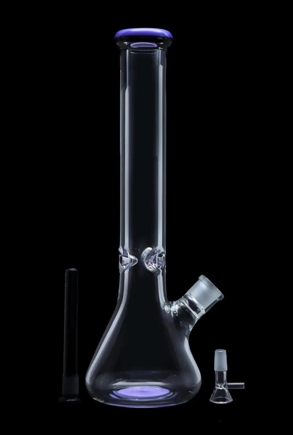 Vertical studio shot of the DHC 9mm Beaker w/ Color Ring Bong - 16 in., clear glass with a purple rim and purple base glow on black.