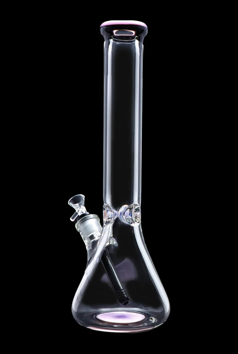 Straight-on view of the DHC 9mm Beaker w/ Color Ring Bong - 16 in., a clear glass beaker with a subtle pink color ring around the mouthpiece against a black background.