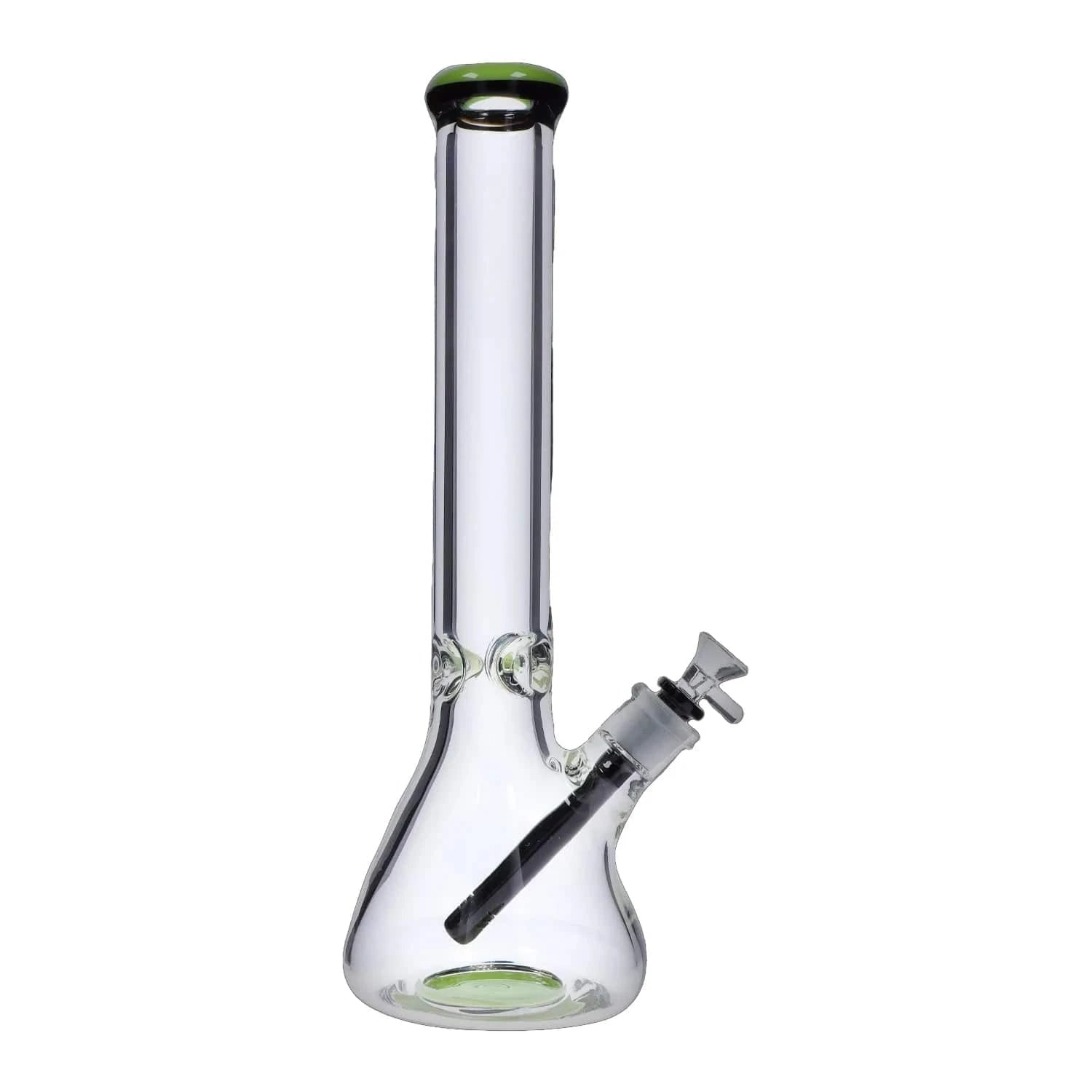 Angled front view of the DHC 9mm Beaker w/ Color Ring Bong - 16 in. showing clear glass, a green-rimmed mouthpiece and matching colored base.