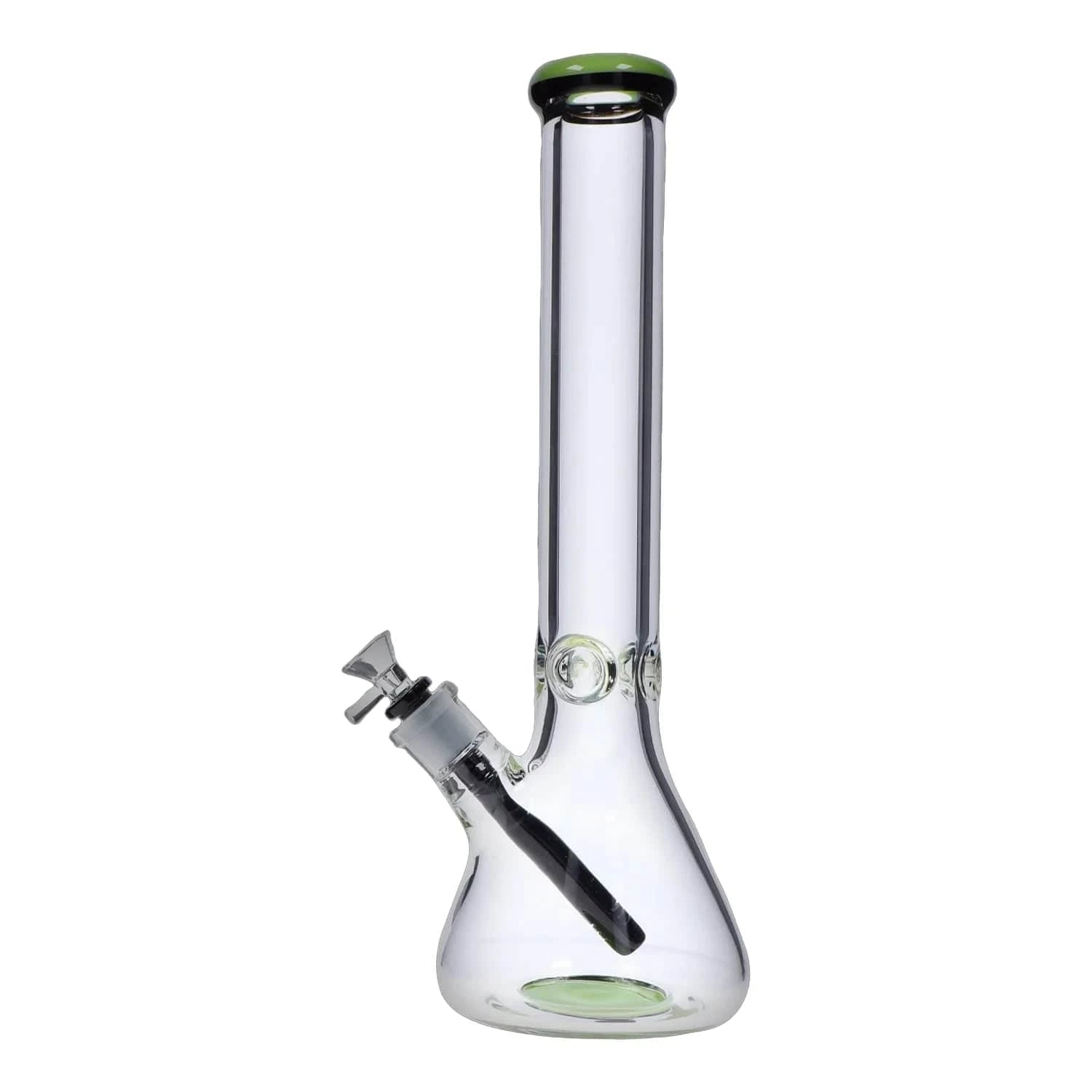 Straight-on view of the DHC 9mm Beaker w/ Color Ring Bong - 16 in. showing its clear glass beaker base, straight neck, angled downstem, and green color ring at the mouthpiece.
