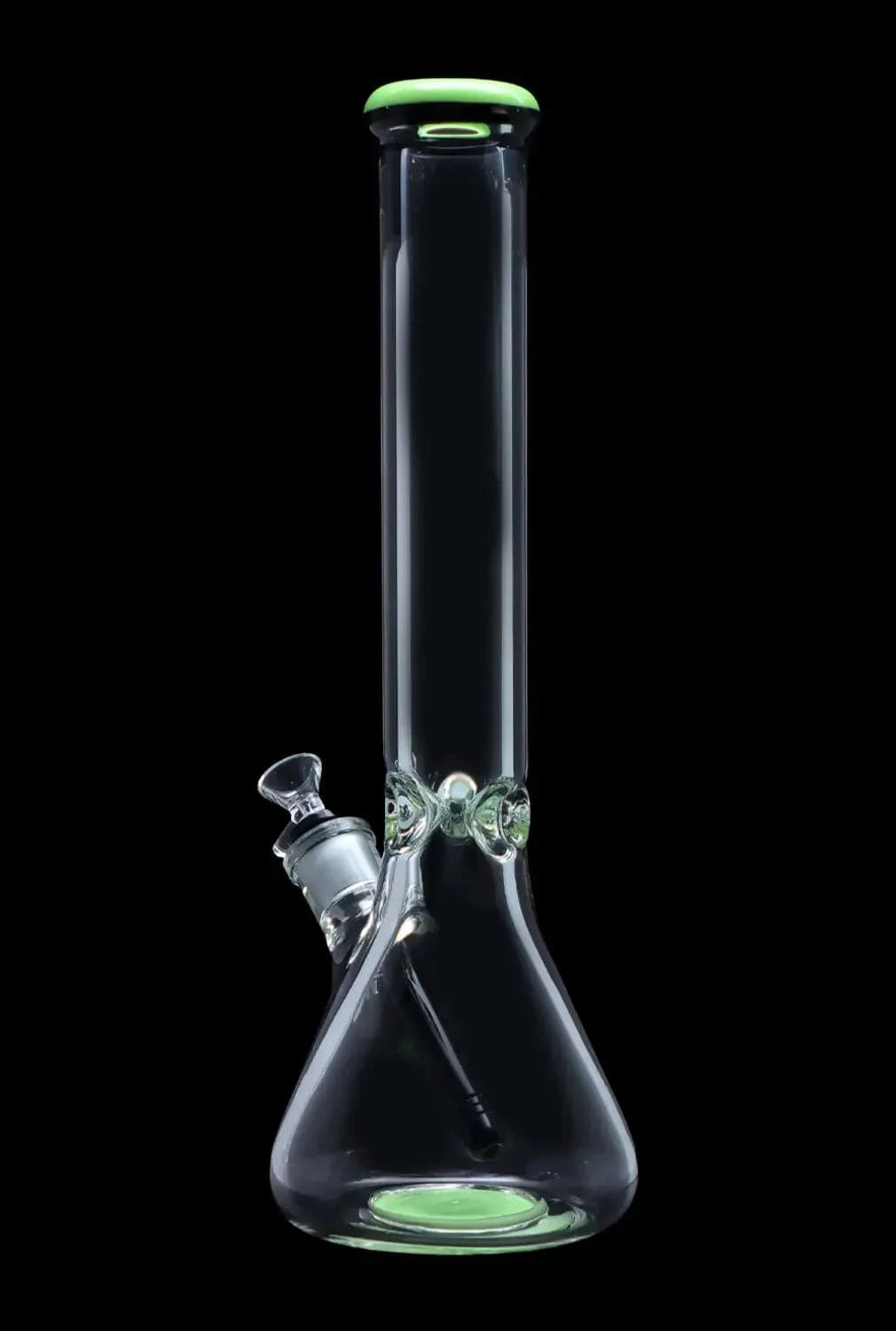Straight-on view of the DHC 9mm Beaker w/ Color Ring Bong - 16 in., clear glass with a green rim and matching base ring against black.