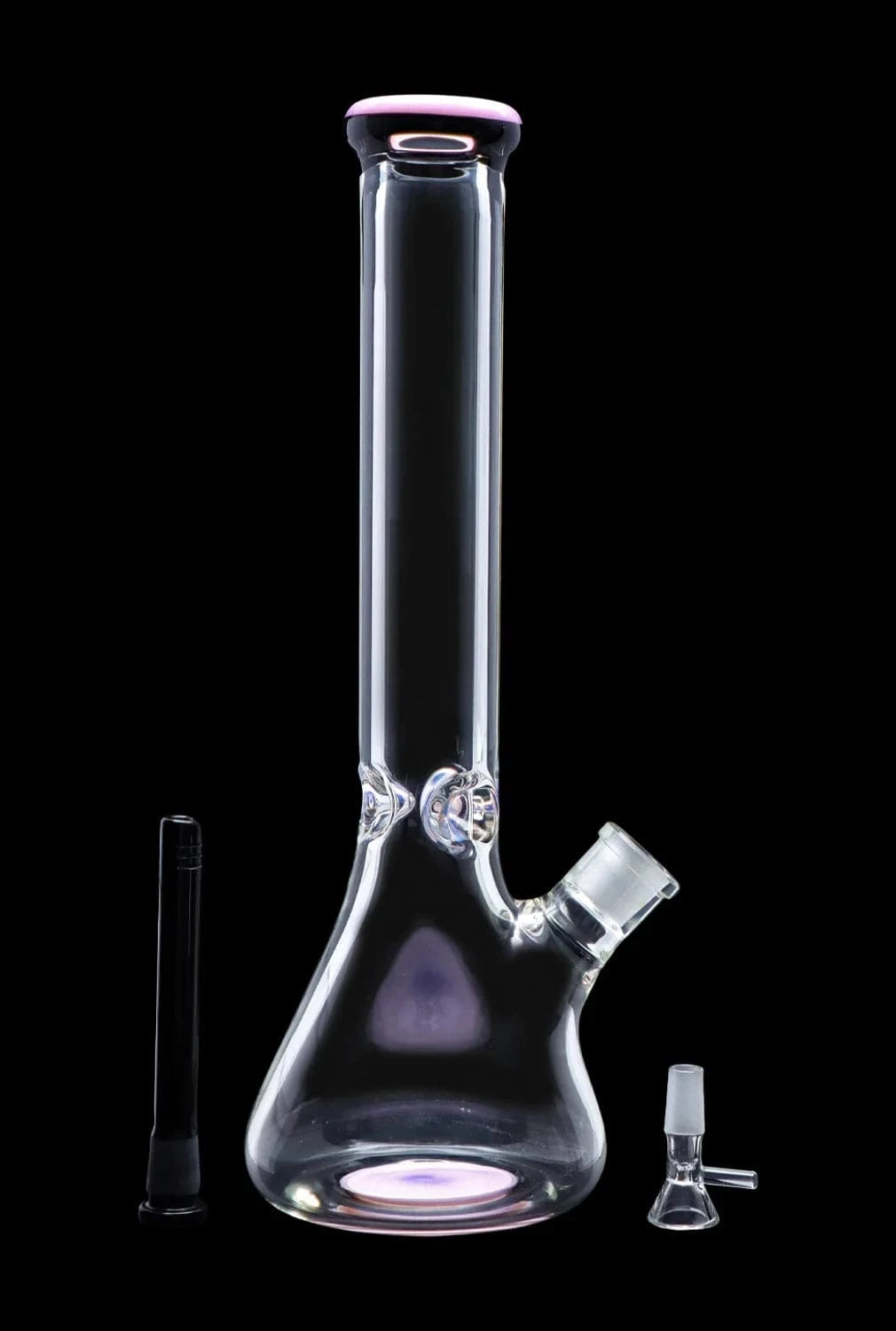 Center-frontal view of the DHC 9mm Beaker w/ Color Ring Bong - 16 in., a clear glass beaker with a subtle pink color ring at the mouthpiece against a black background.