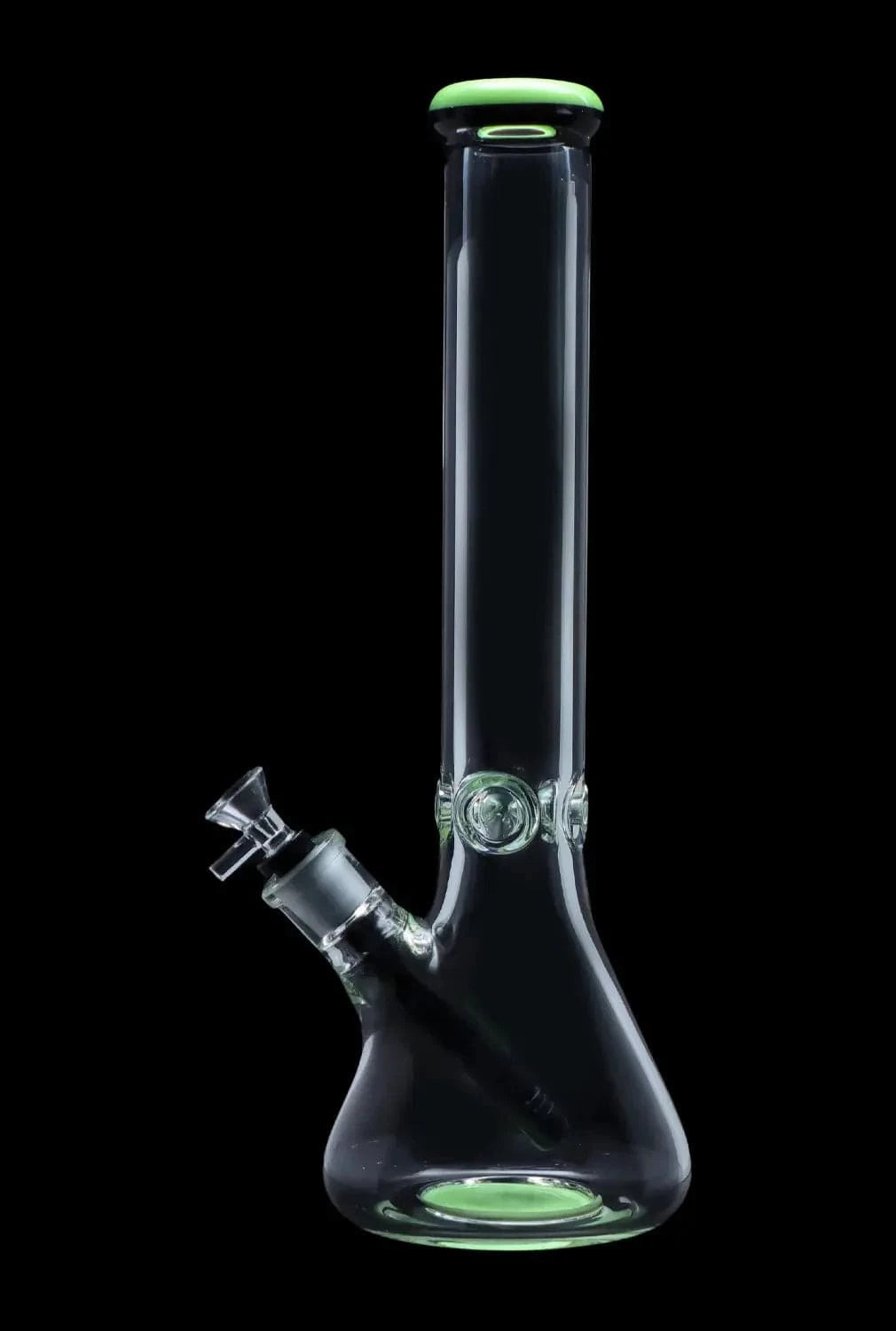 Center-front view of the DHC 9mm Beaker w/ Color Ring Bong - 16 in. showing a clear glass beaker body with a green-rimmed mouthpiece and green base accent against a black background
