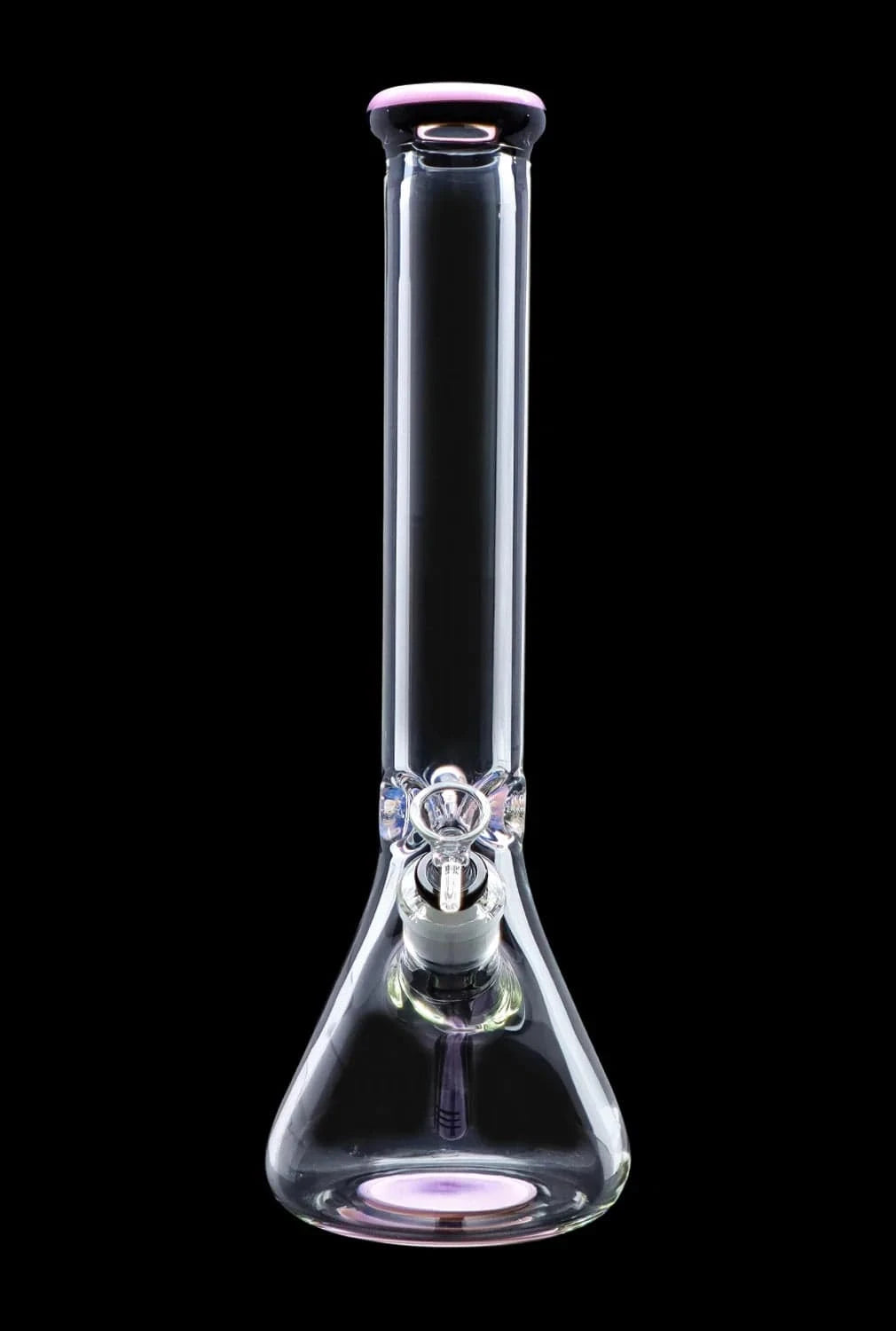 Straight-on view of the DHC 9mm Beaker w/ Color Ring Bong - 16 in., shown against a black background highlighting its clear glass beaker base and subtle pink color ring at the mouth.