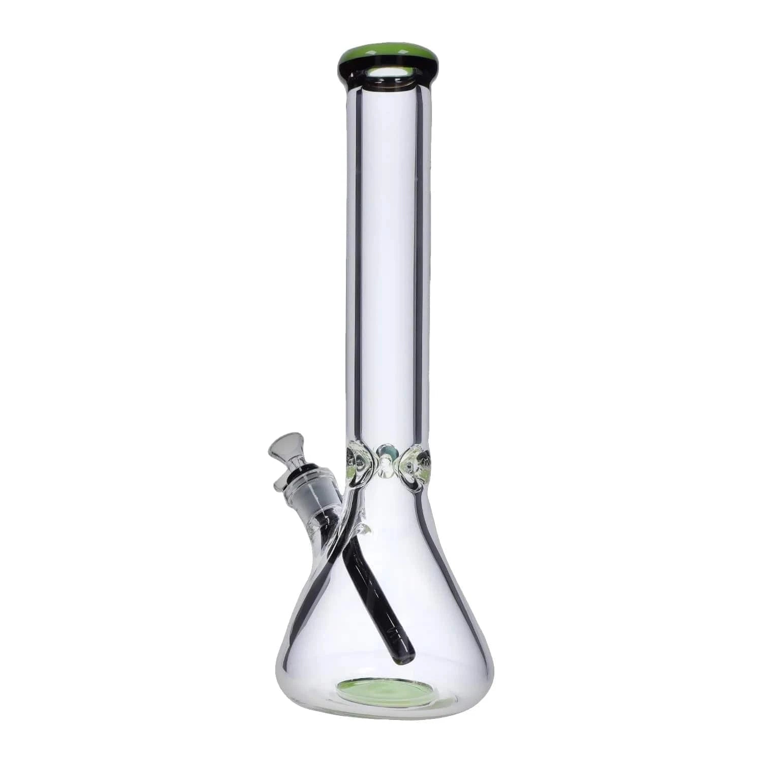 Vertical front view of a clear glass DHC 9mm Beaker w/ Color Ring Bong - 16 in. with a green-rimmed mouthpiece and angled downstem against a white background