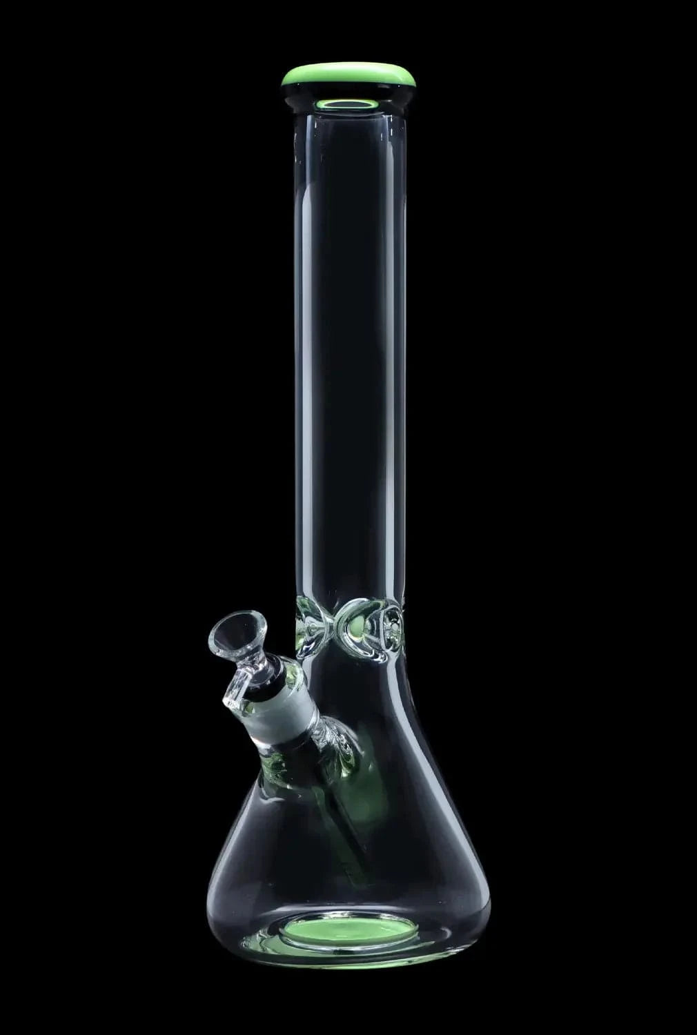 Straight-on view of the DHC 9mm Beaker w/ Color Ring Bong - 16 in. showing its clear glass beaker body, green color ring on the mouthpiece, and angled downstem against a black background