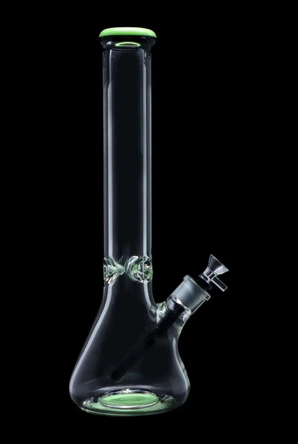 Centered front view of the DHC 9mm Beaker w/ Color Ring Bong - 16 in., clear glass with a green color ring at the mouth and base