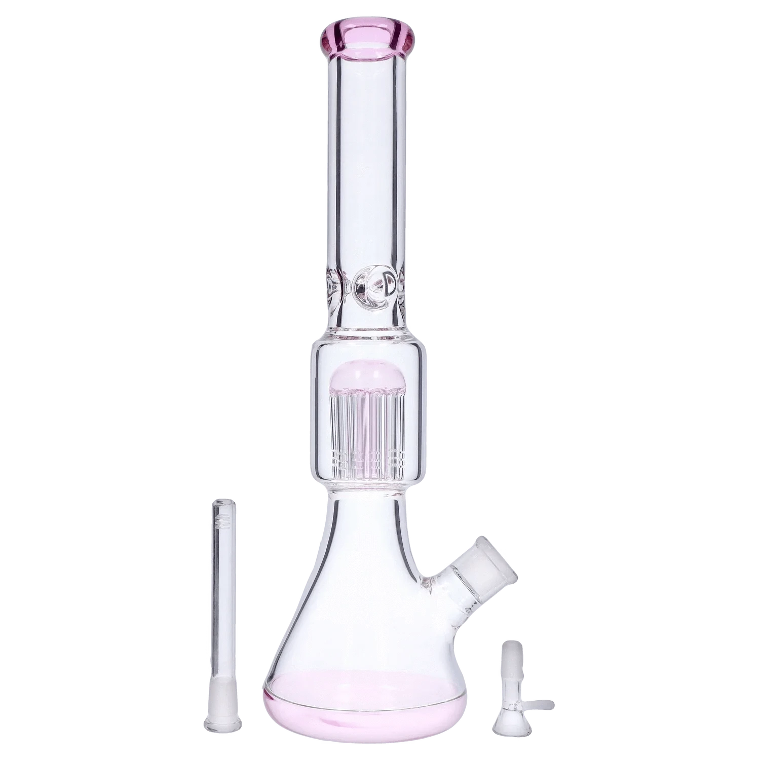 Straight-on view of the DHC 9mm Beaker with Tree Perc Bong - 18 in., clear glass with subtle pink accents and a visible tree percolator inside.