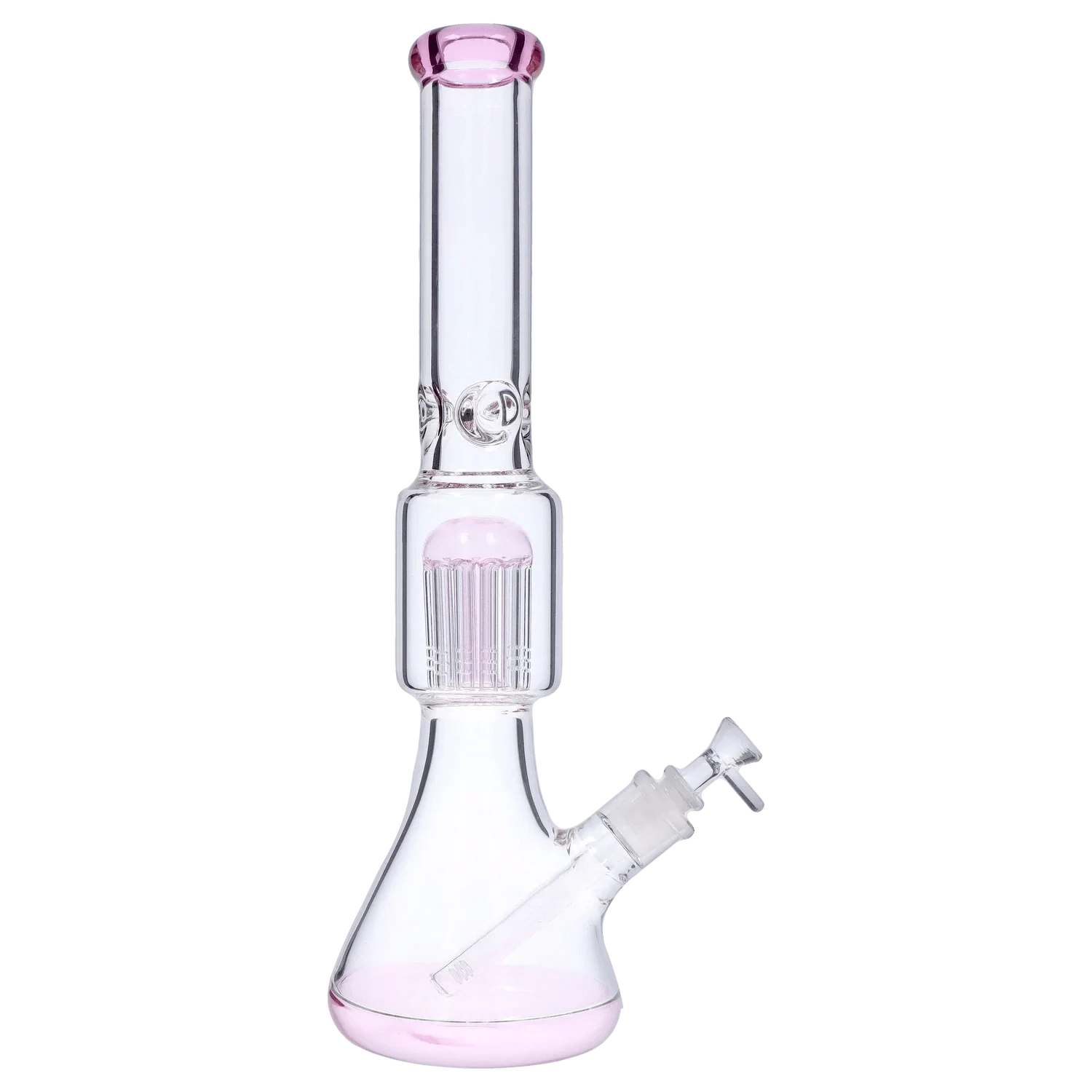 Straight-on view of the clear glass DHC 9mm Beaker with Tree Perc Bong - 18 in. showing its pink-tinted mouthpiece, tree perc chamber, and angled downstem.