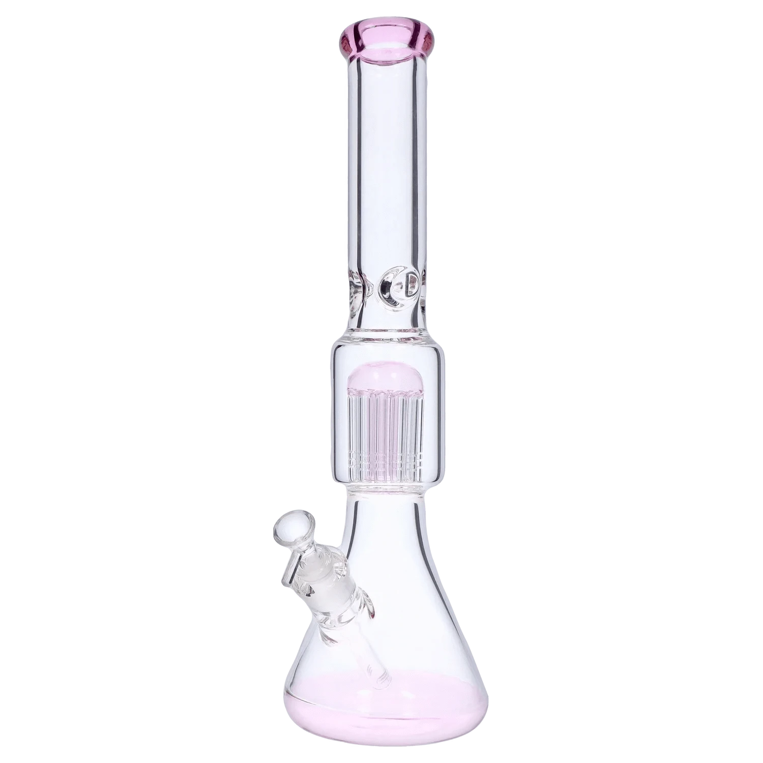Straight-on view of the clear DHC 9mm Beaker with Tree Perc Bong - 18 in. showing a pink-tinted rim, tree percolator chamber, and beaker base on a white background